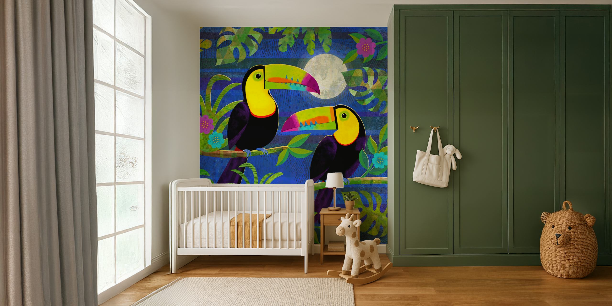 Toucans in the moonlight jungle mural