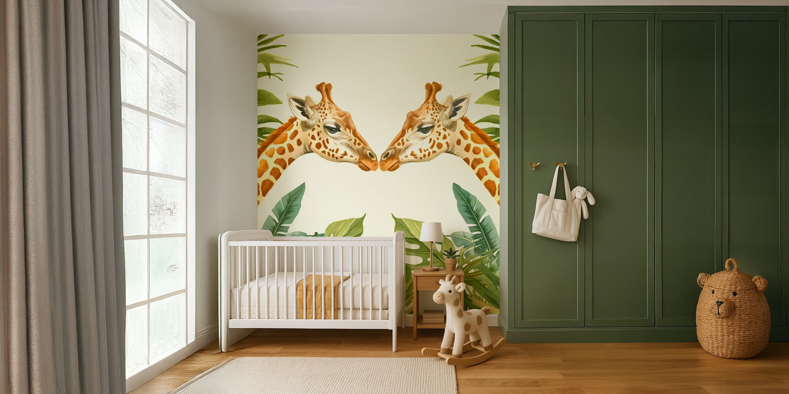 Two giraffes amid tropical green leaves wall mural