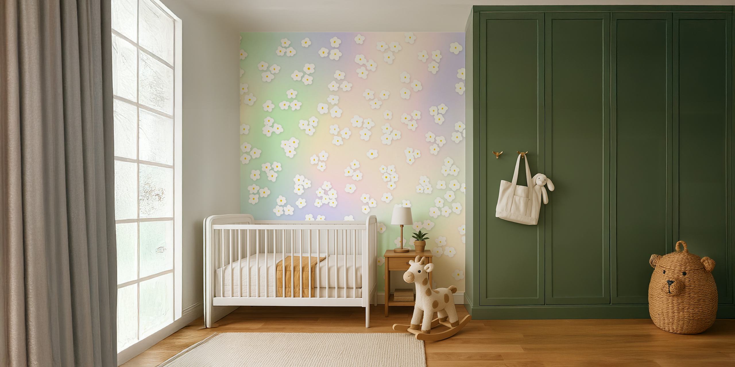 Happy Daisy Flower Rainbow papel de parede em um quarto