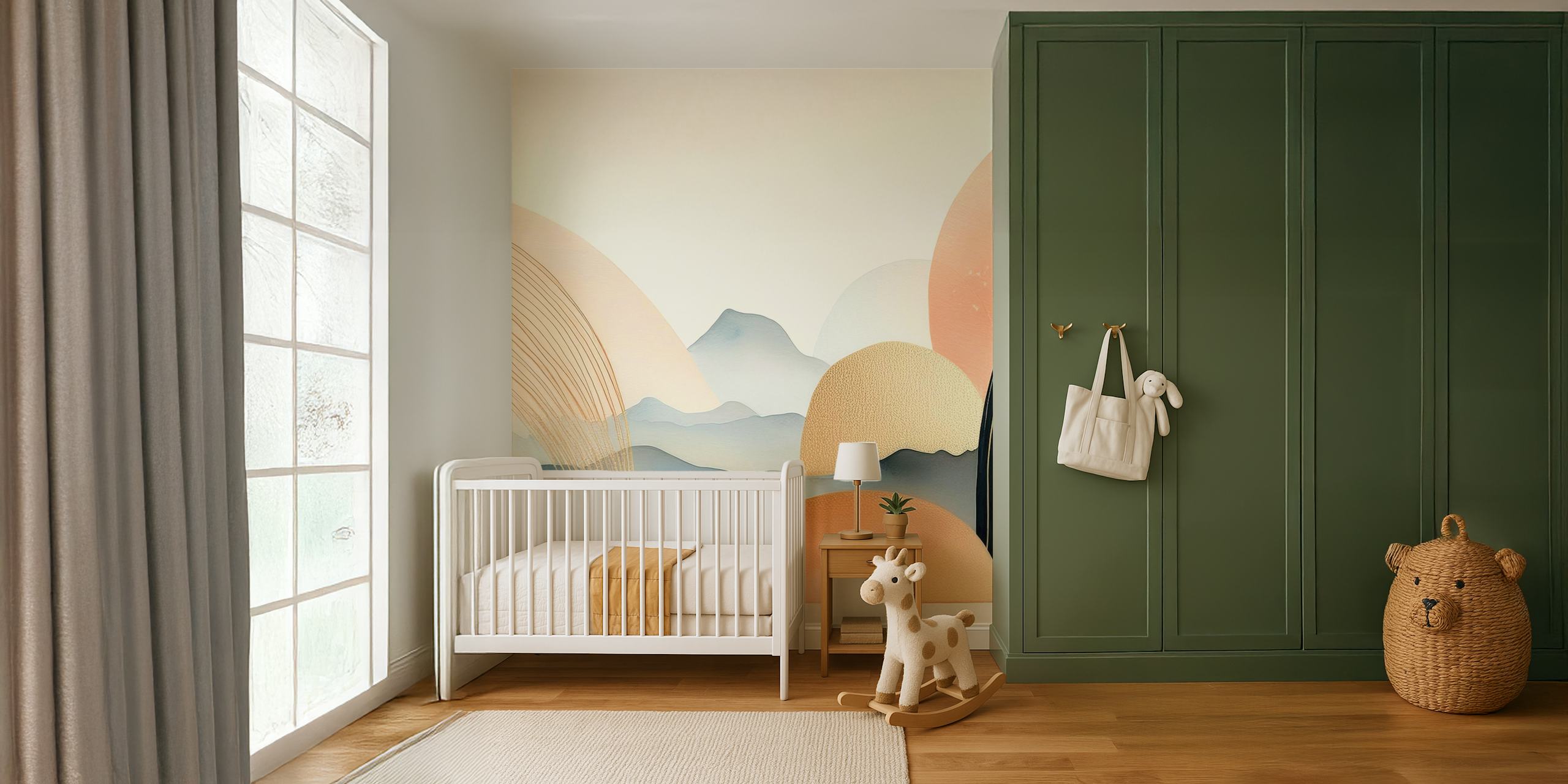 Geometric shapes in peach, navy, and gold colors wallpaper