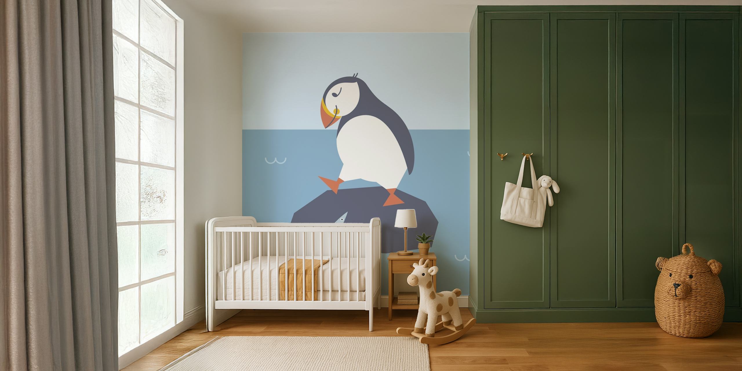 Cute puffin illustration on a blue background wallpaper
