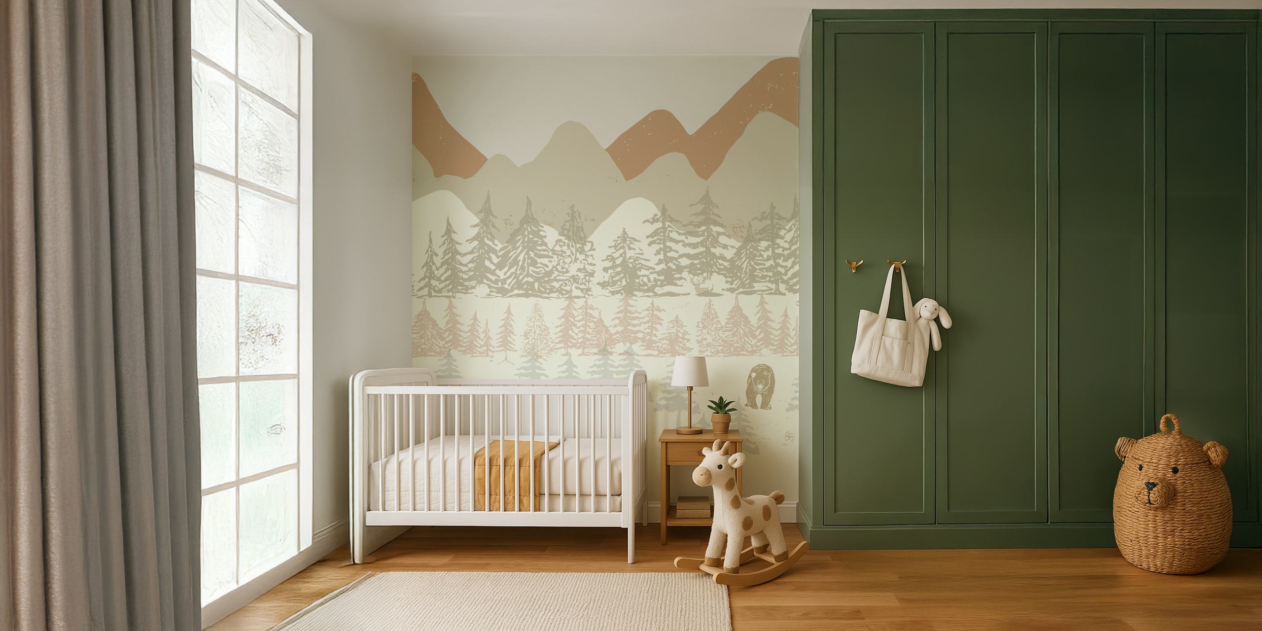 Mountain landscape with bears and pine trees in soft colors wallpaper