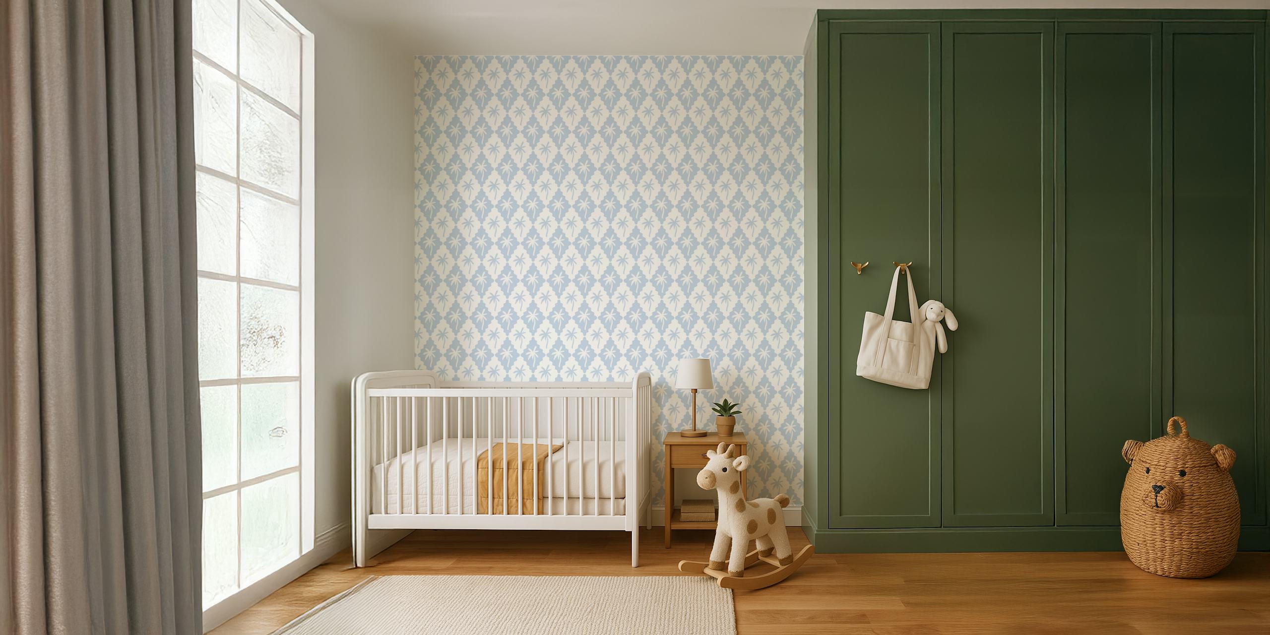 Scalloped diamond pattern with palm motifs in soft blue wallpaper