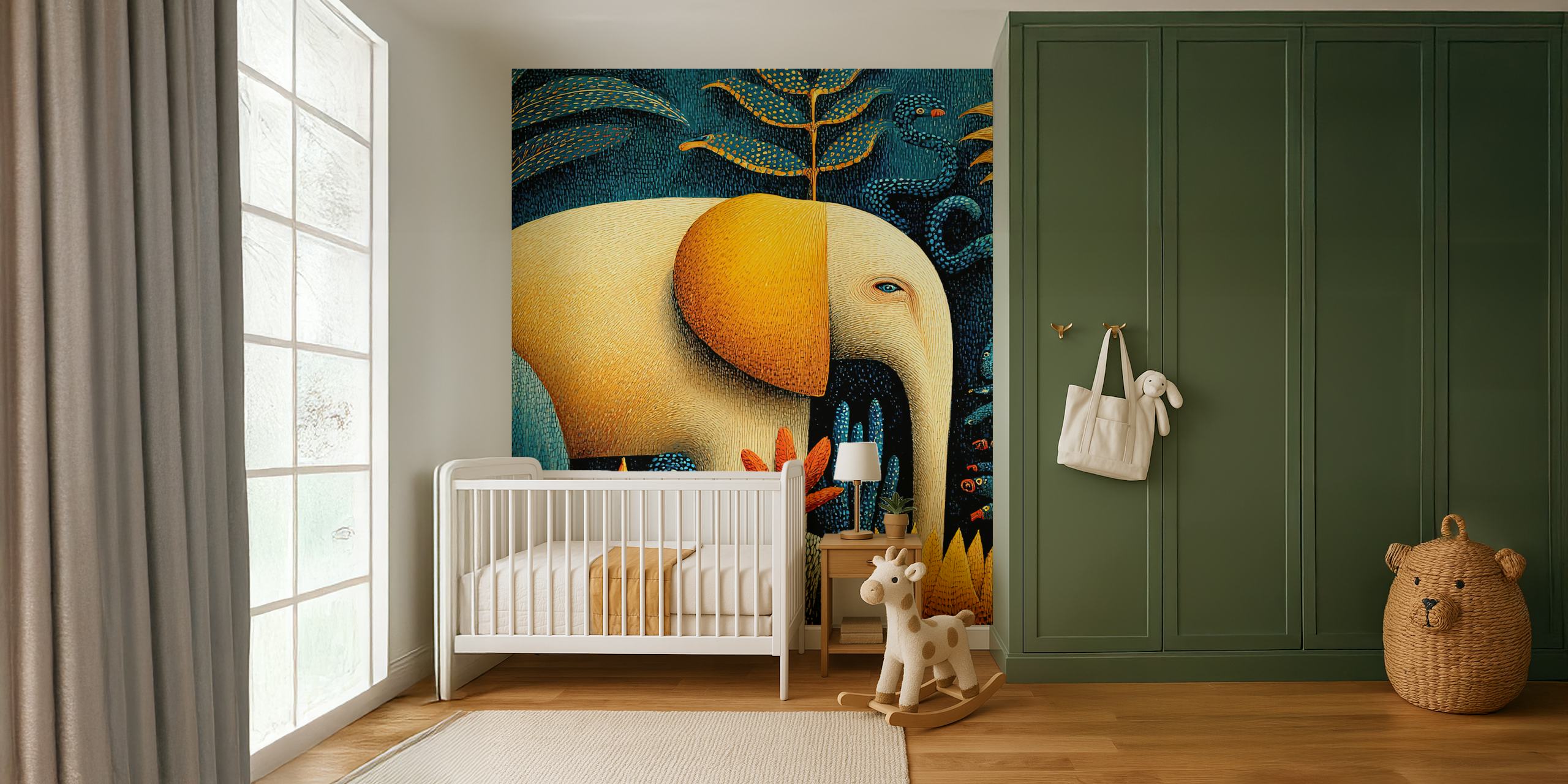 A colorful elephant amidst tropical plants and leaves in blue, orange, and green wallpaper