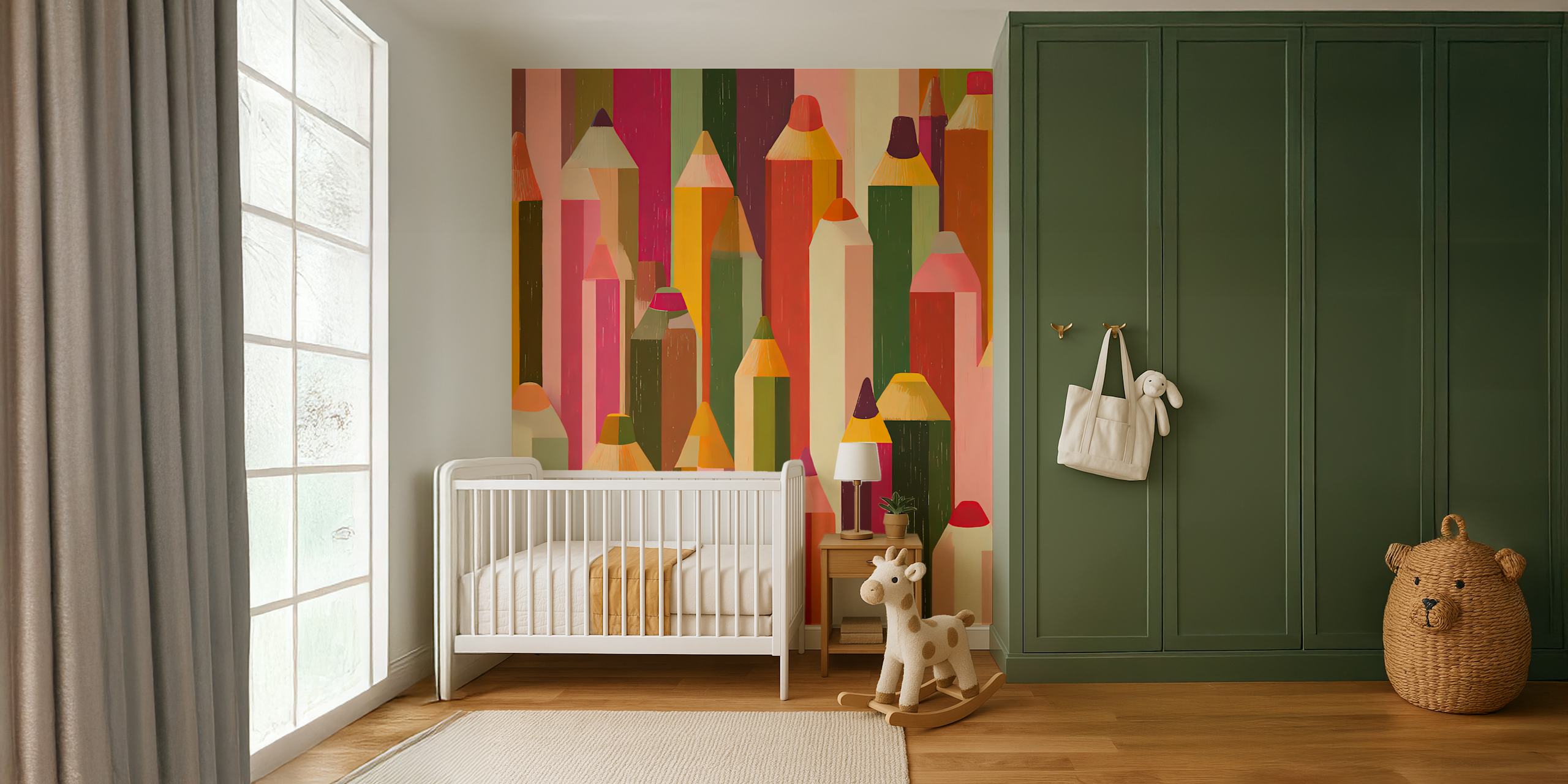 Colorful pencil design wallpaper in a room