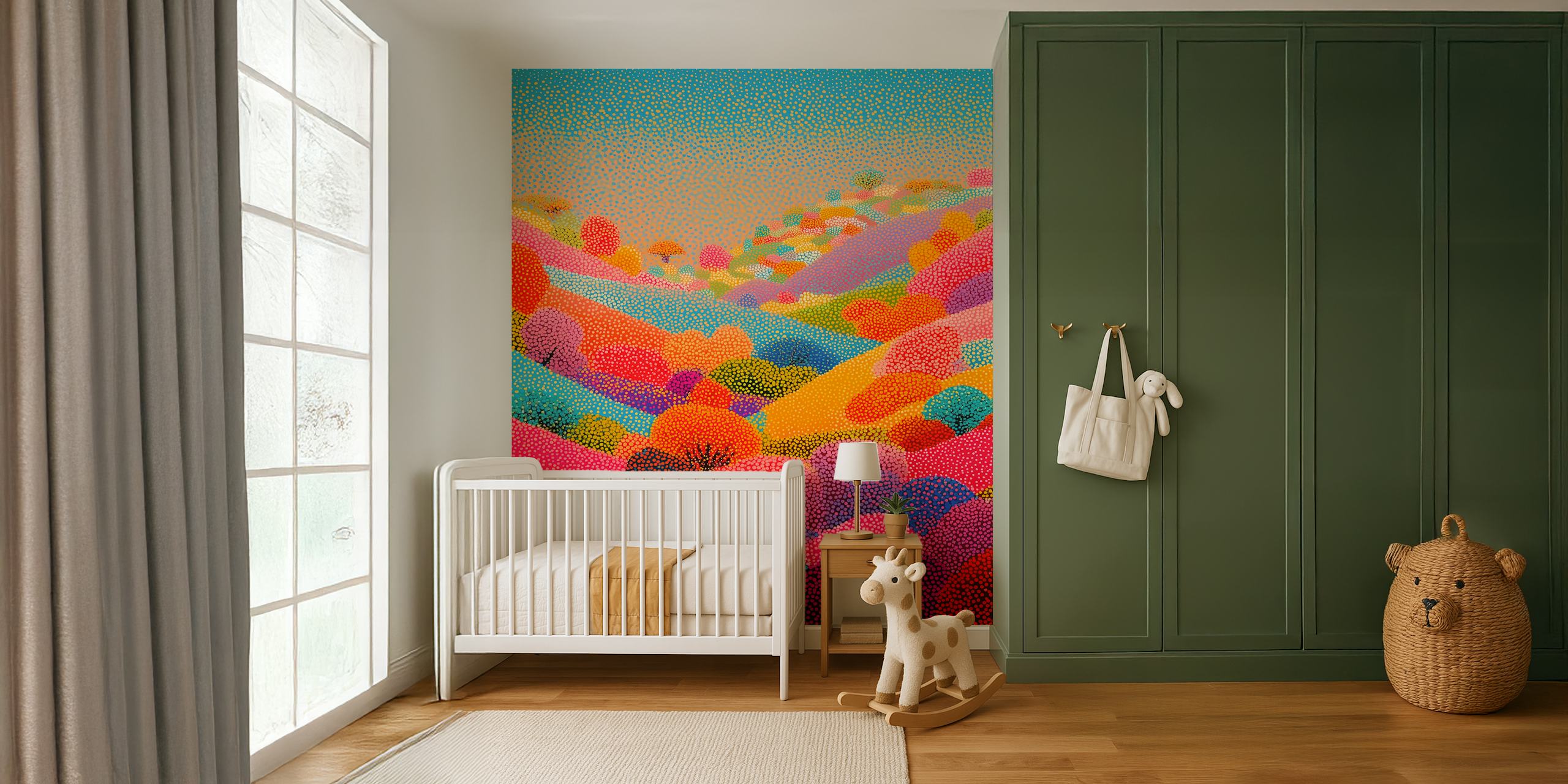 Colorful hills with trees and dots in vibrant colors pointillist wallpaper