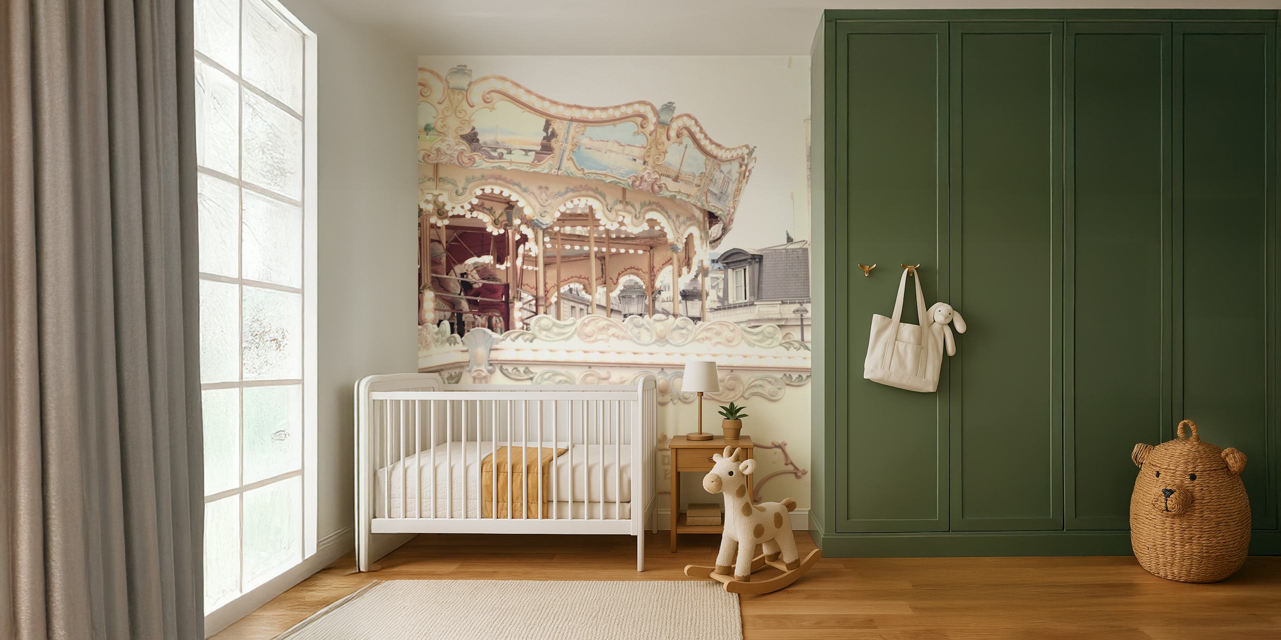 Vintage carousel scene with pastel decor and lights wallpaper