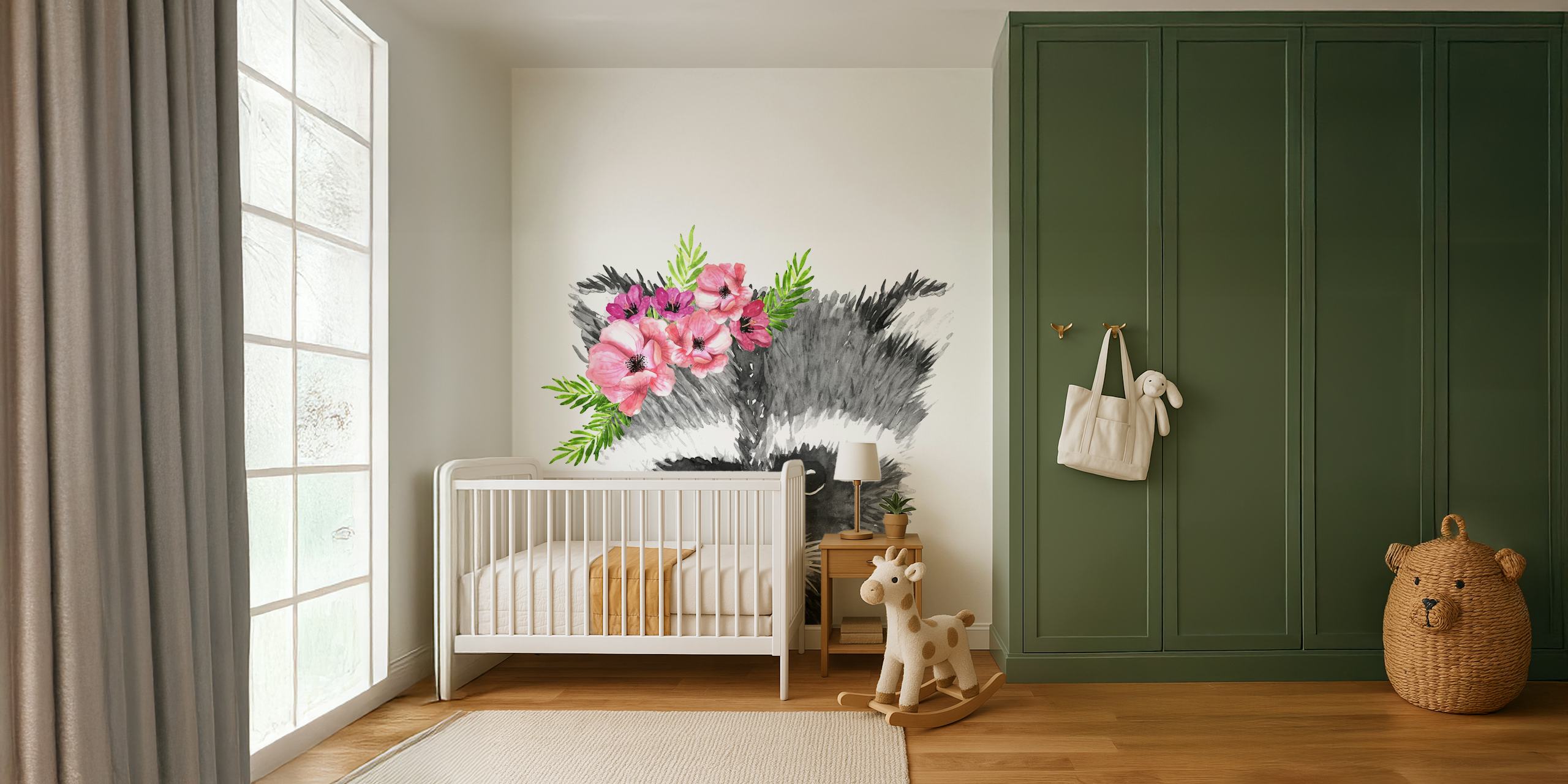 Raccoon with flower crown and pink flowers wallpaper