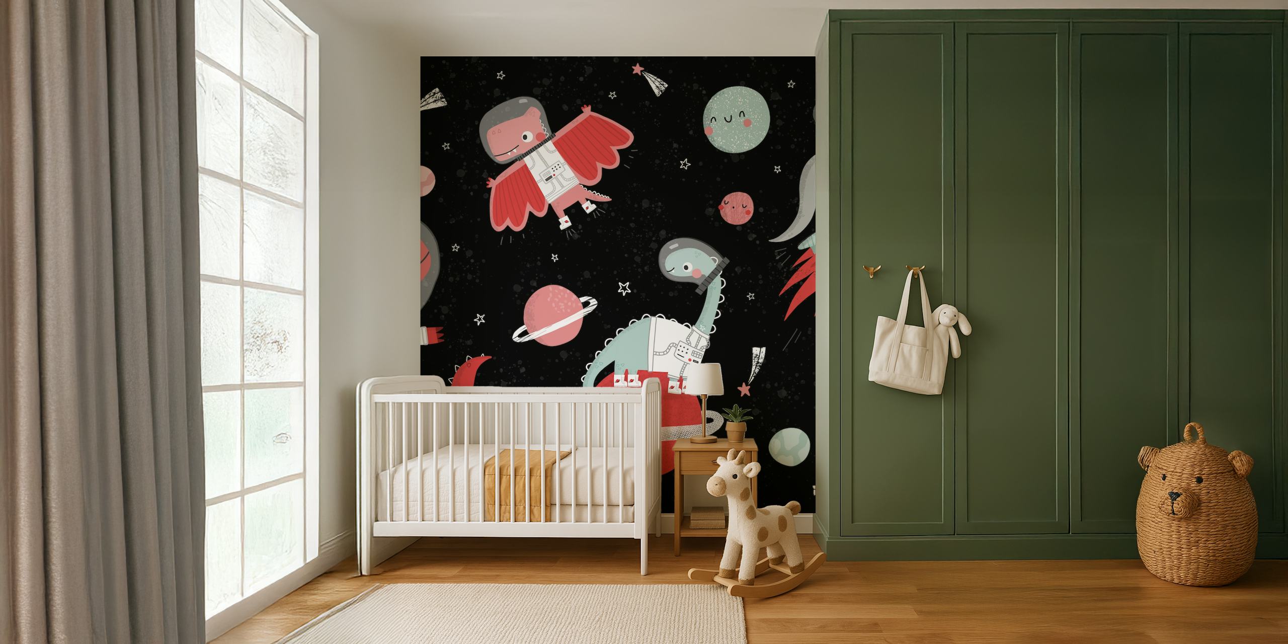 Dinosaur wallpaper in a colorful room