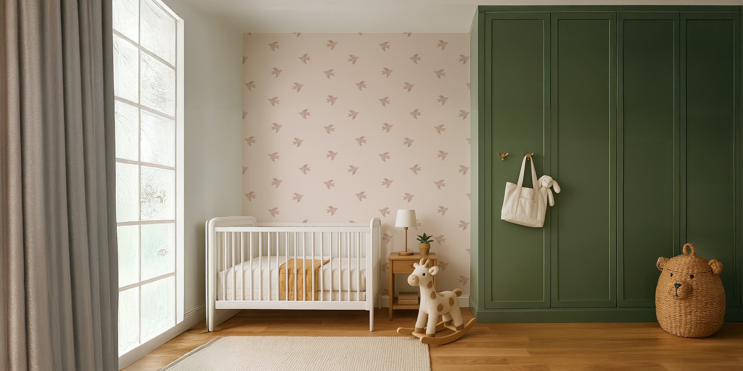 Shell pink wallpaper with small bird patterns in delicate shades.