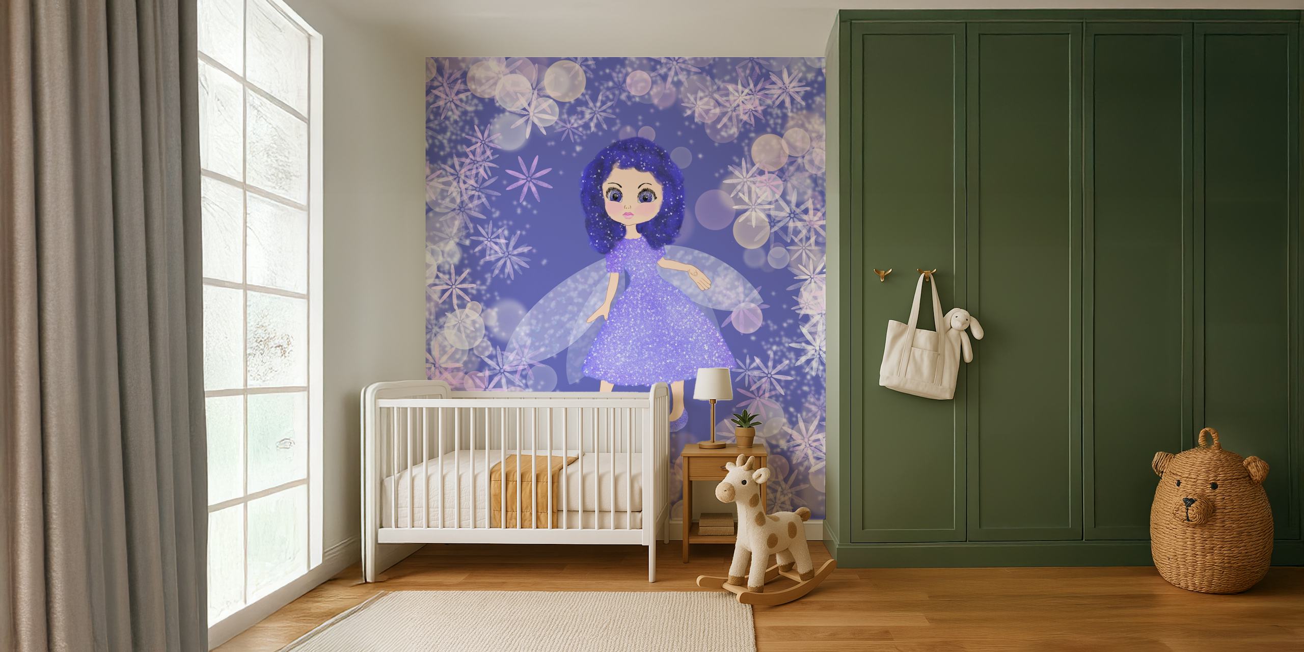 Purple Little Fairy 2 veggmaleri med en sjarmerende fe omgitt av snøflak og kuler på en lilla bakgrunn.
