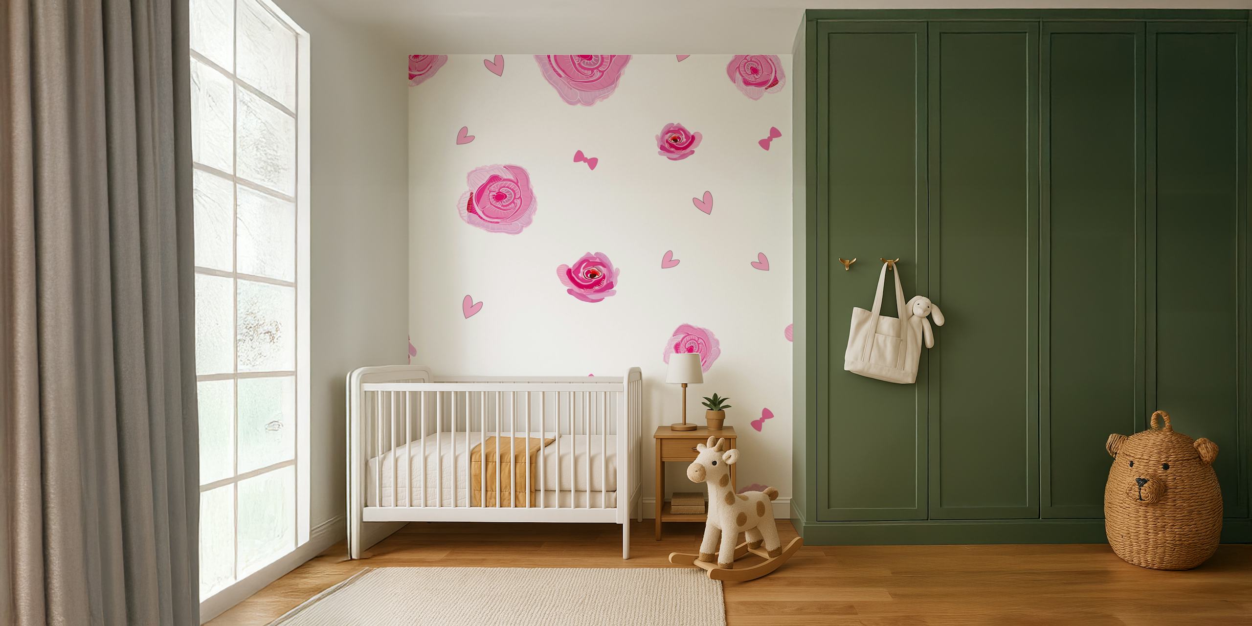 Hand-drawn pink roses and hearts on white background wallpaper