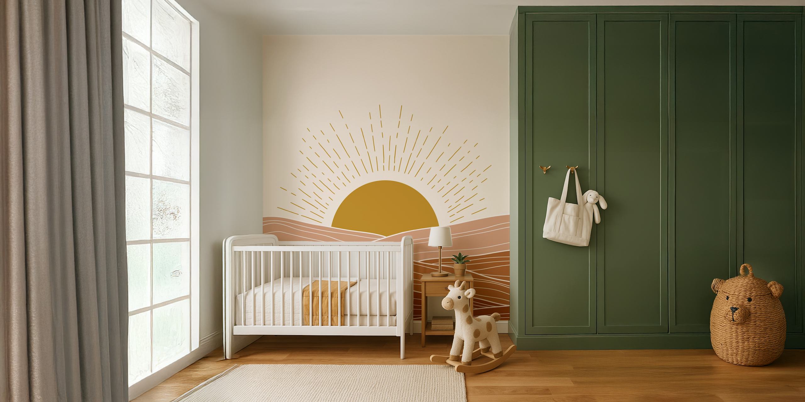 Boho sunrise design with golden sun and wavy hills in earthy tones wallpaper