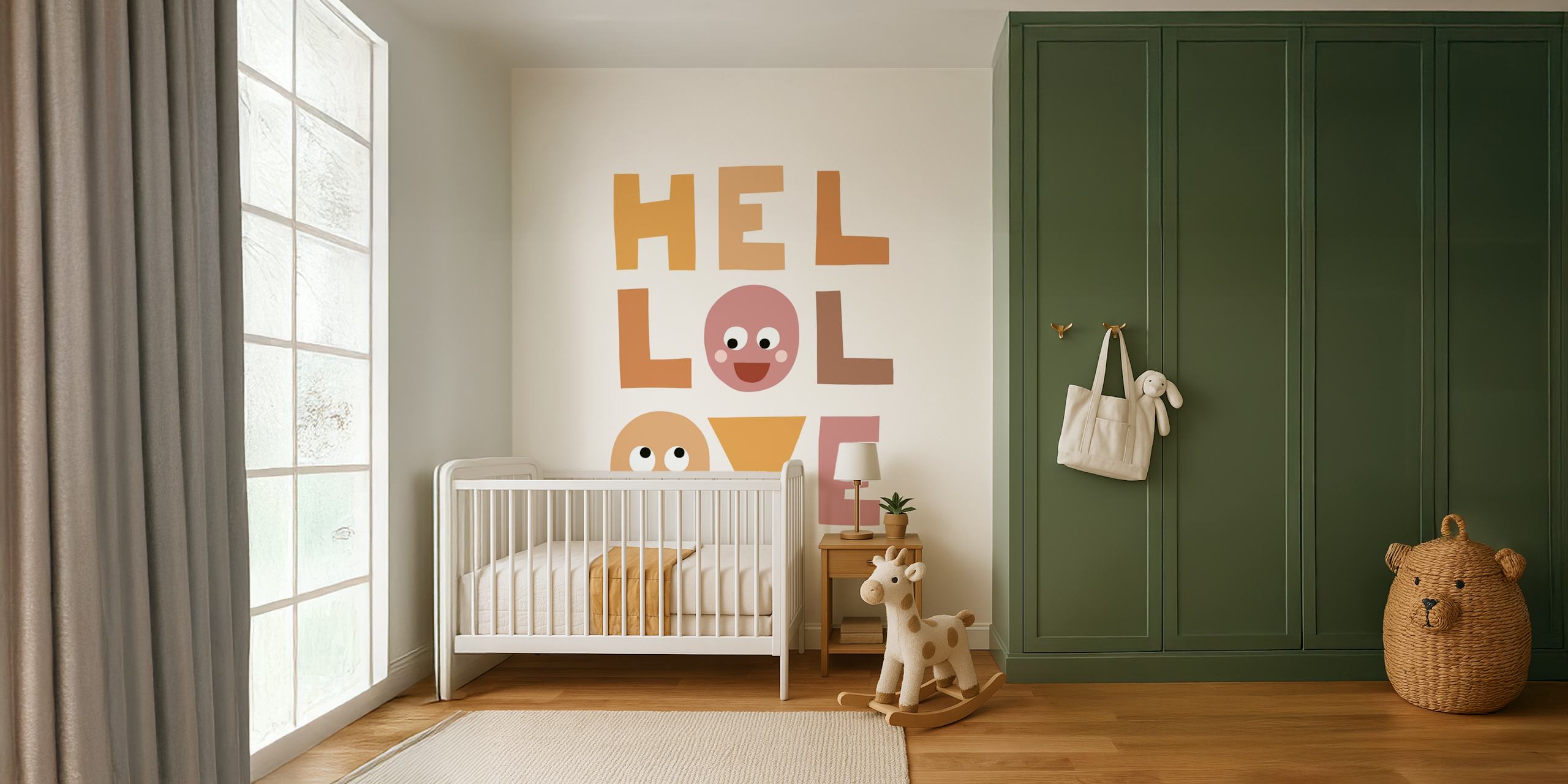 Hello Love boho wallpaper with warm colors and playful characters