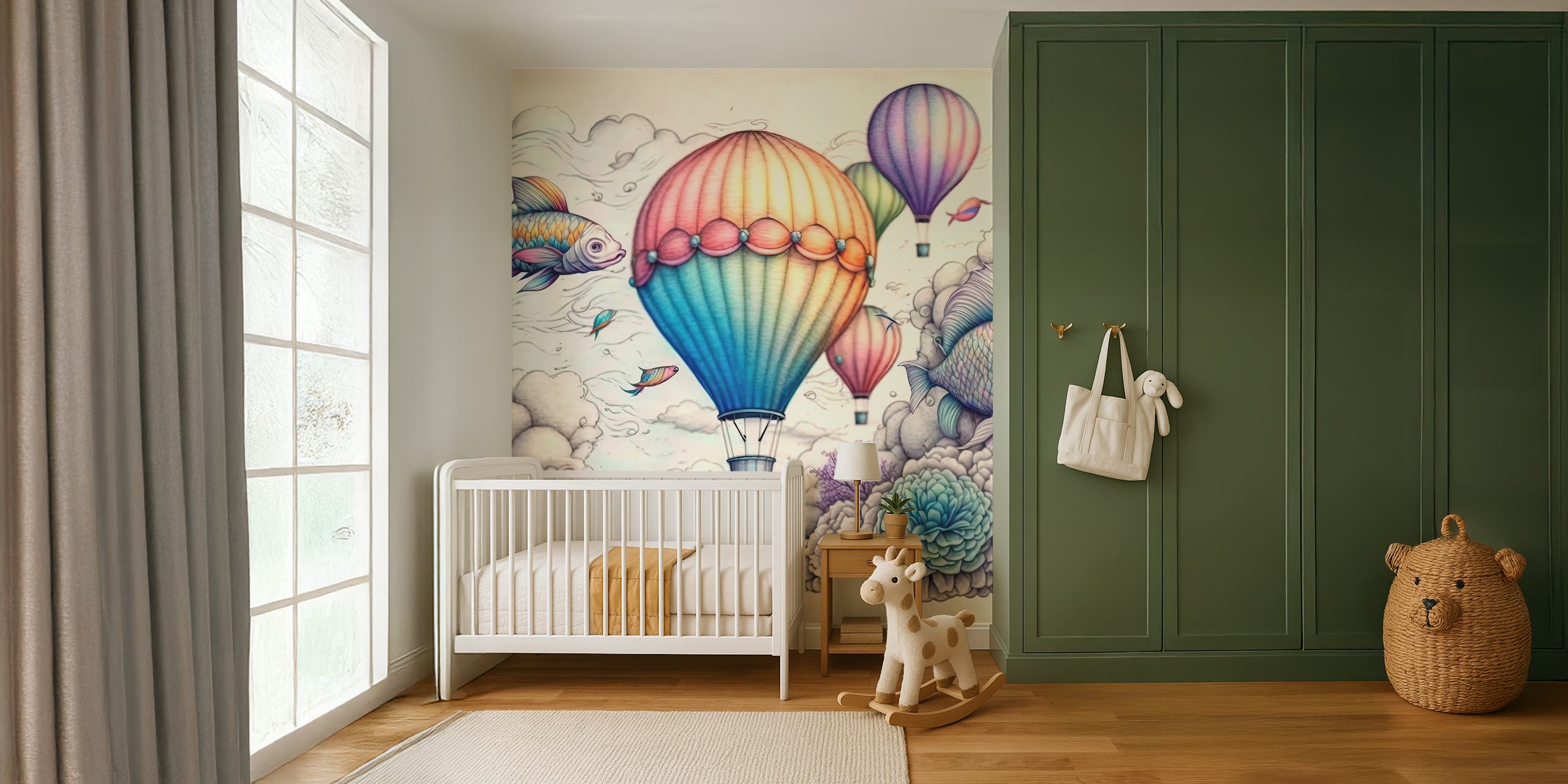 Fish and balloons wallpaper in a room