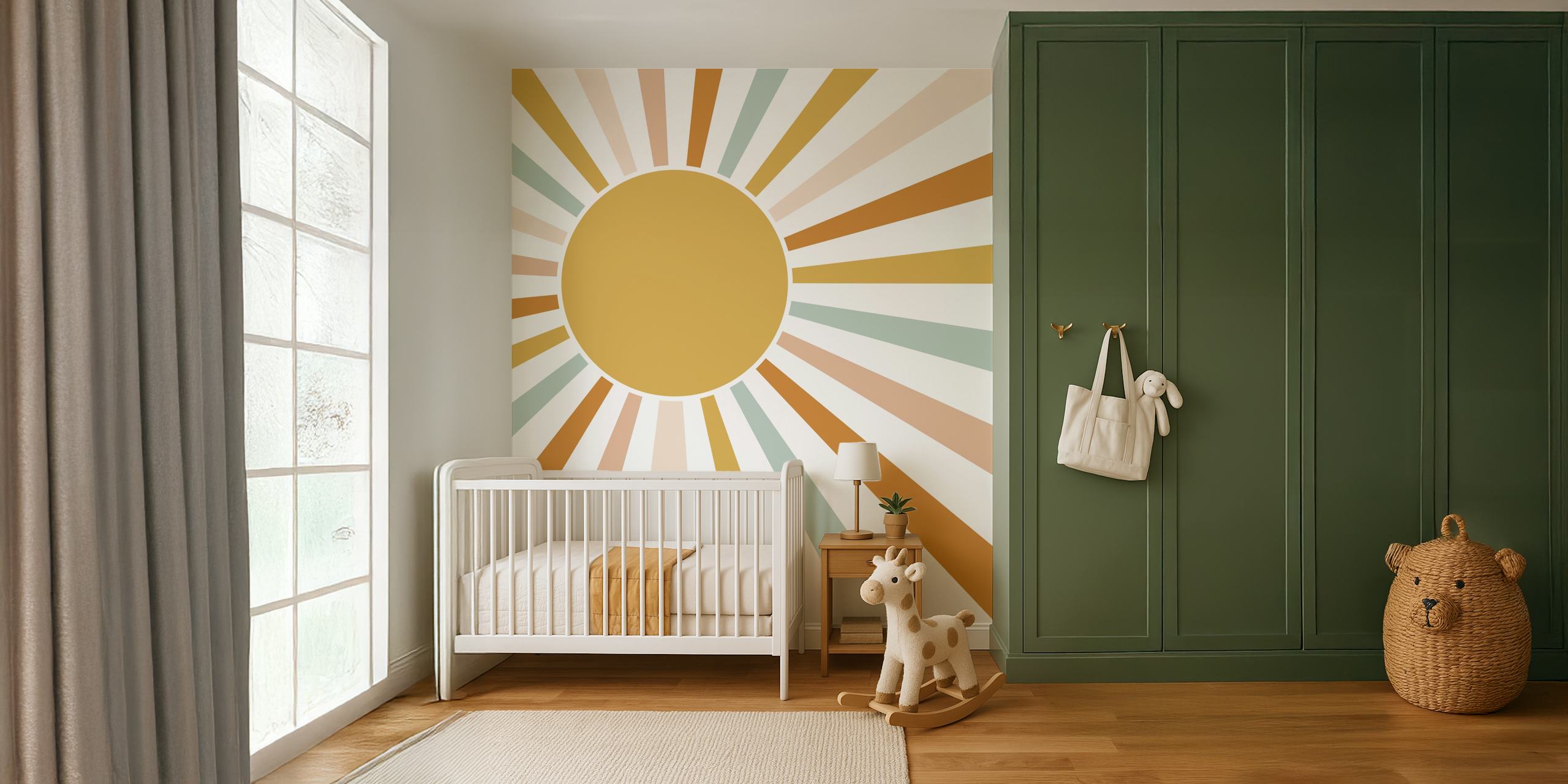 Boho Sun Gender Neutral vægmaleri med pastel sunburst mønster