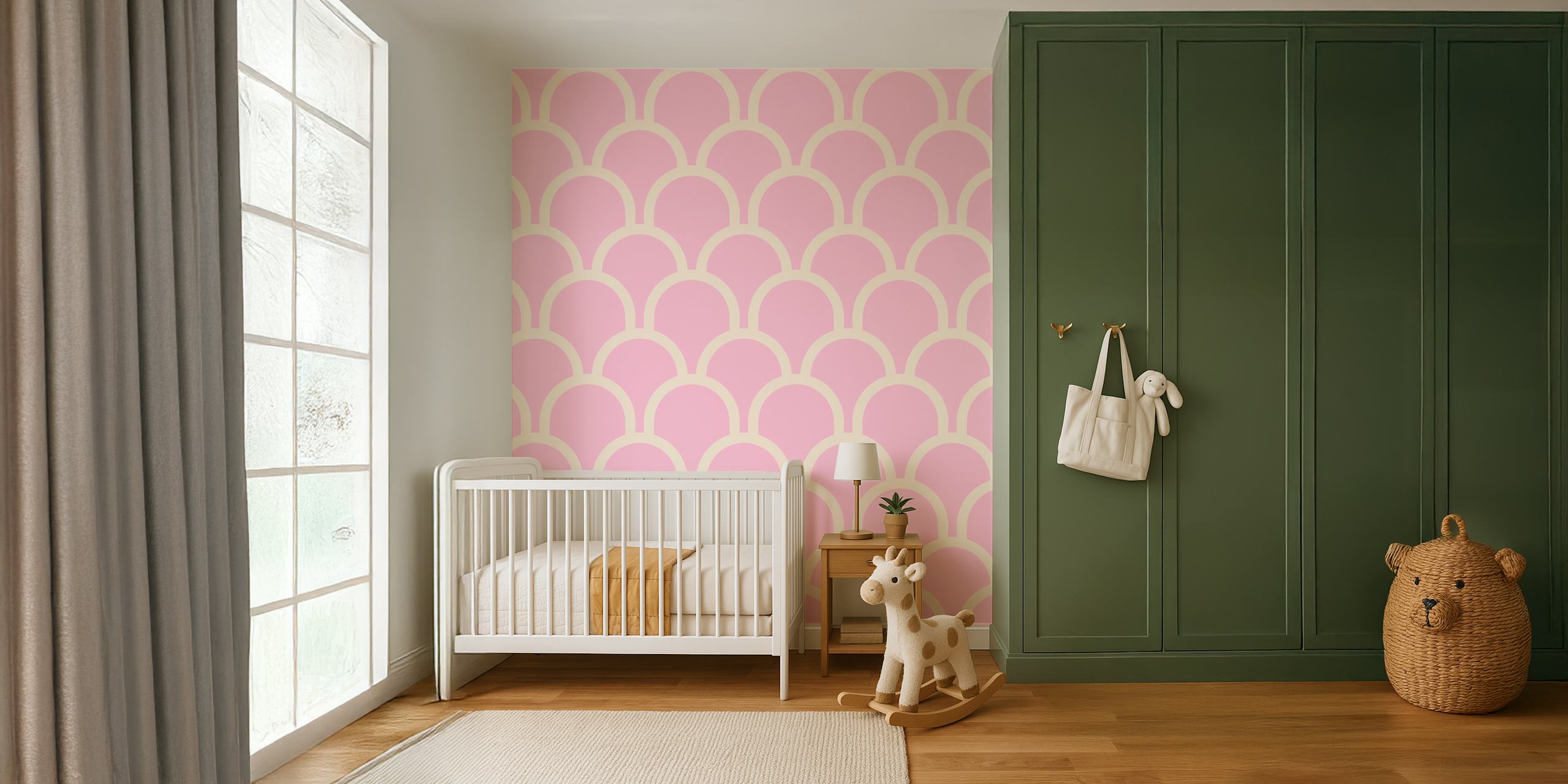 Pink scallop pattern wallpaper with cream curves
