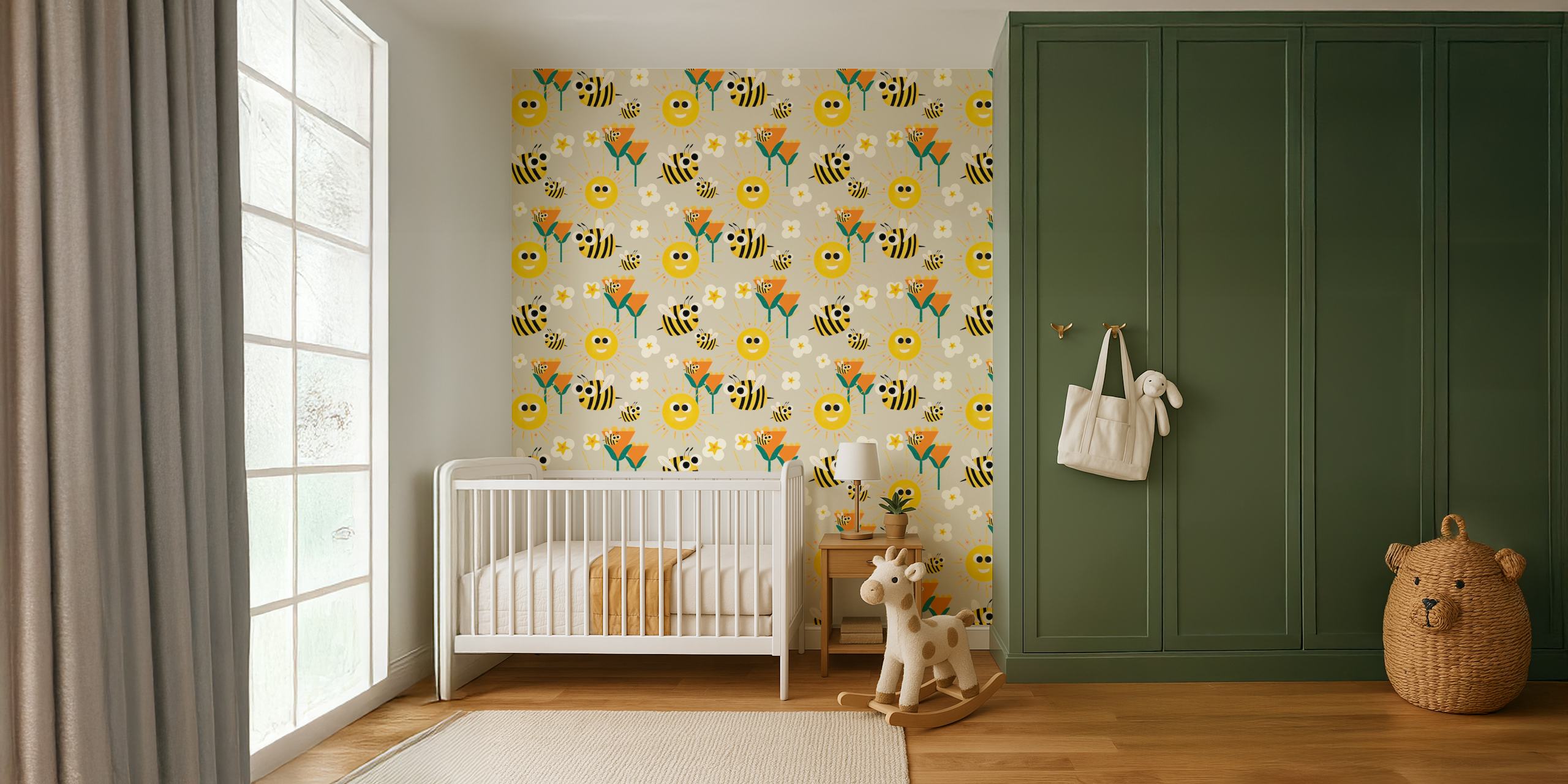 Wallpaper featuring bees and flowers pattern