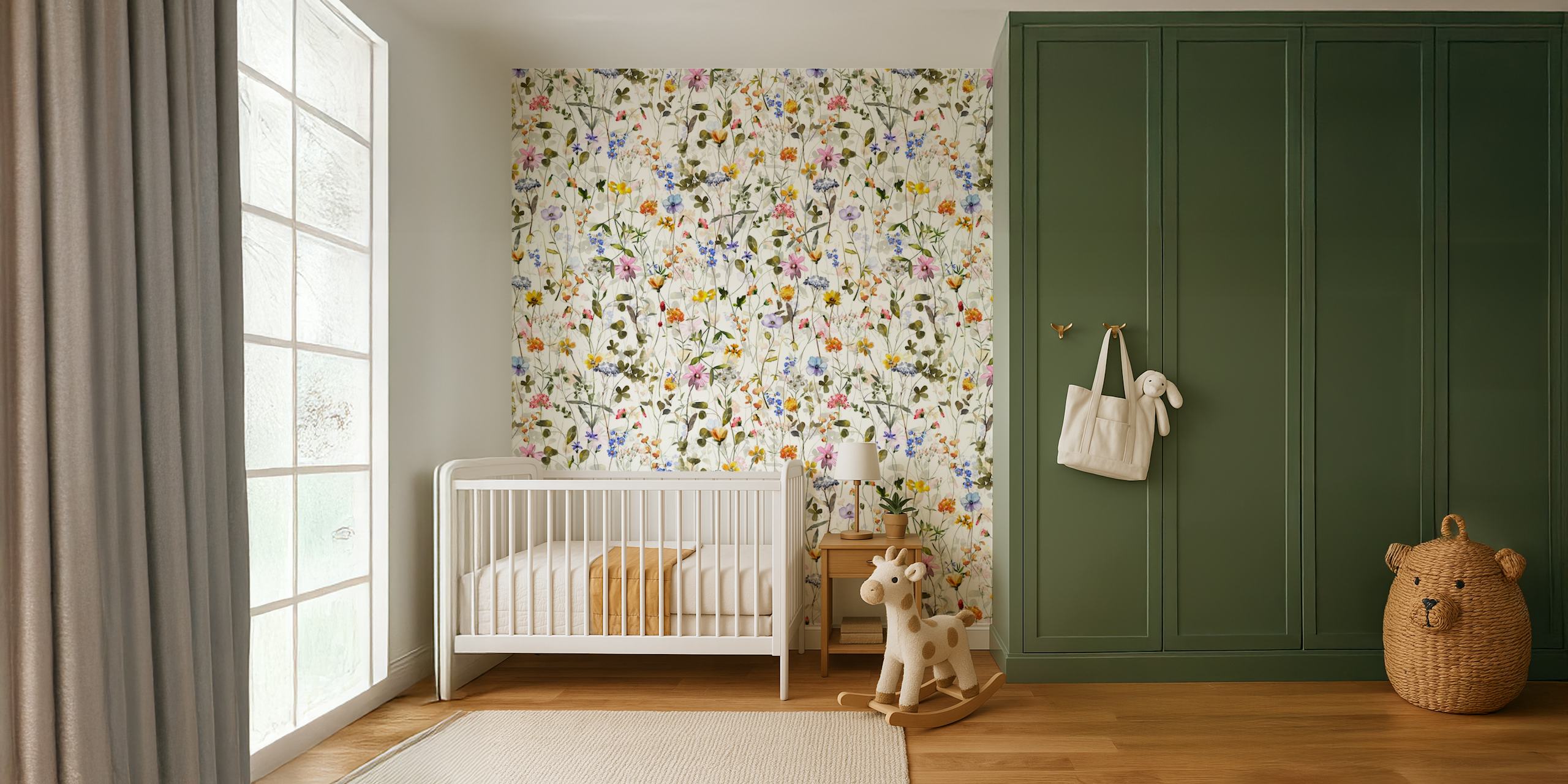 Colorful floral patterns with pink, yellow, blue, and green on white background wallpaper
