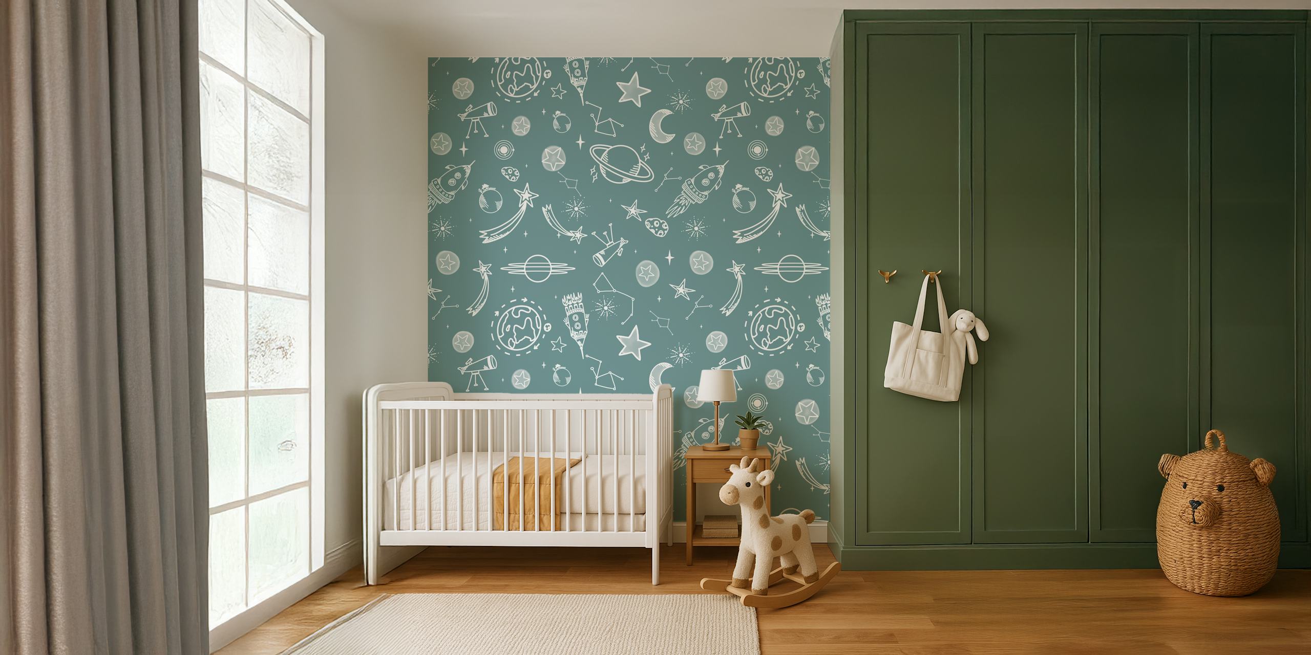 Whimsical space-themed wallpaper with rockets, stars, and planets in grey tones