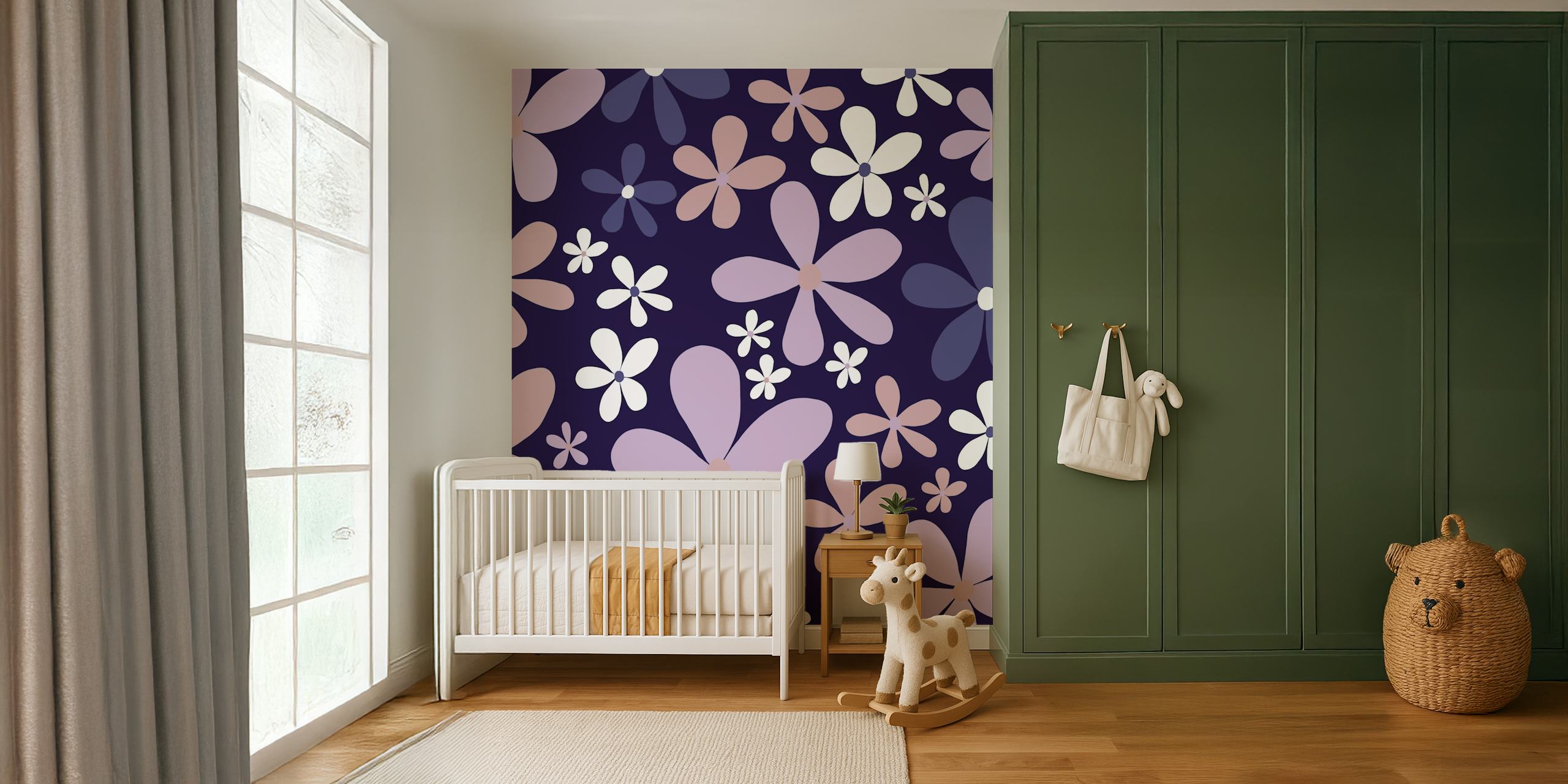 Purple floral pattern with retro daisies wallpaper