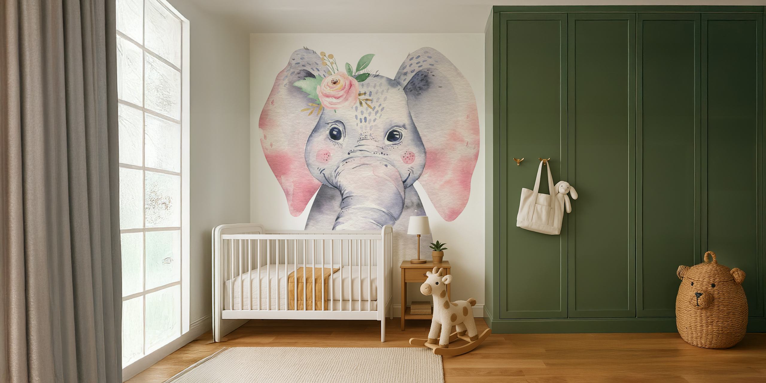 Charming baby elephant wall mural with floral details