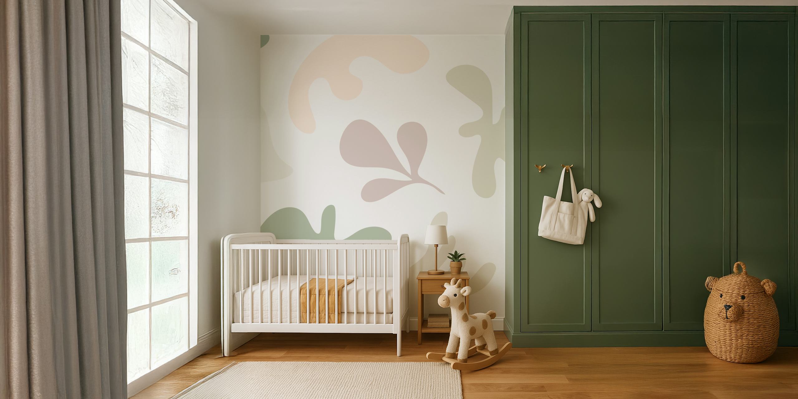 Mjuka gröna abstrakta former och bladmönster på en väggmålning