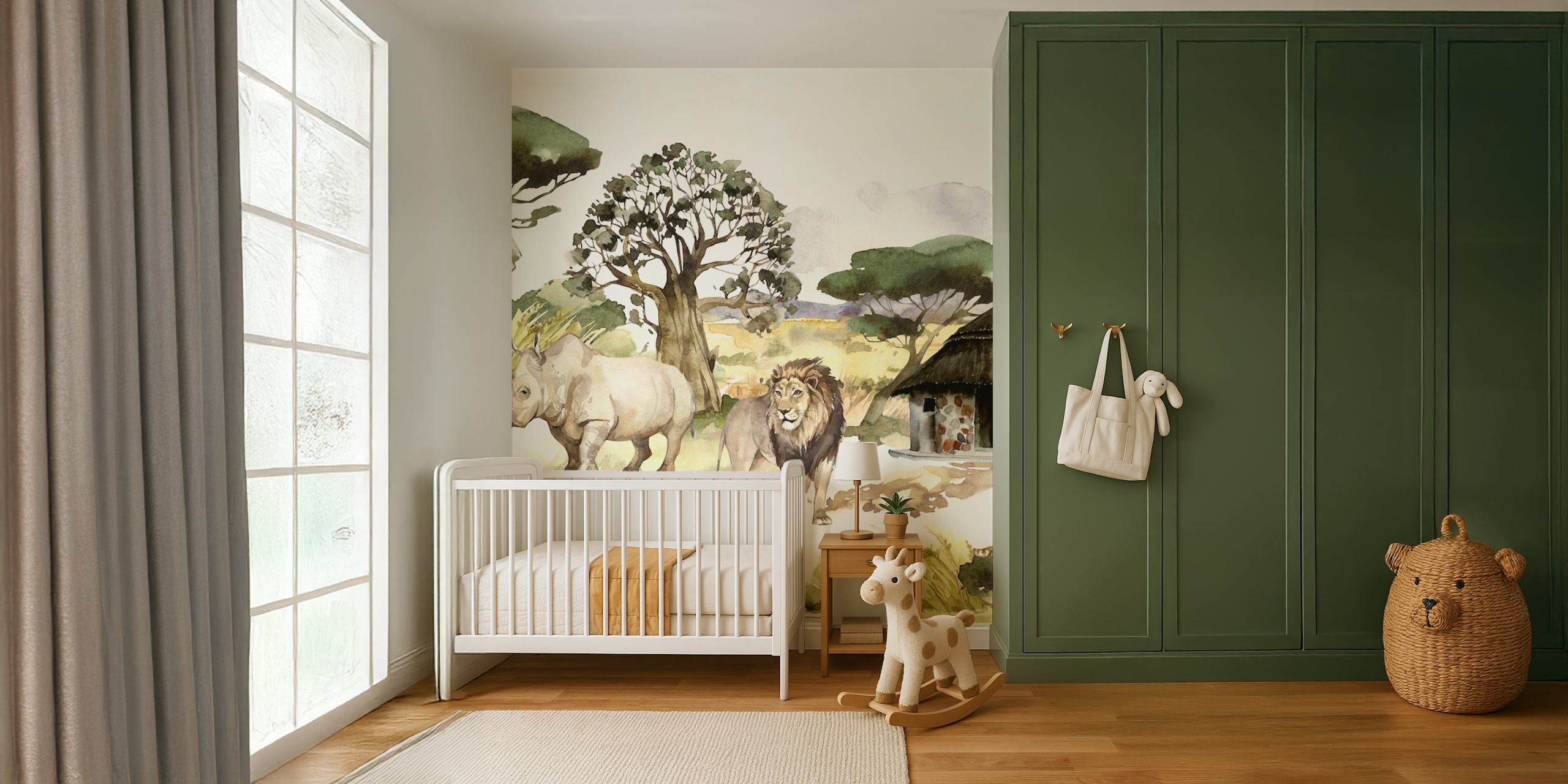 Tropical Safari Jungle scene wall mural with elephants, rhinos, and lions