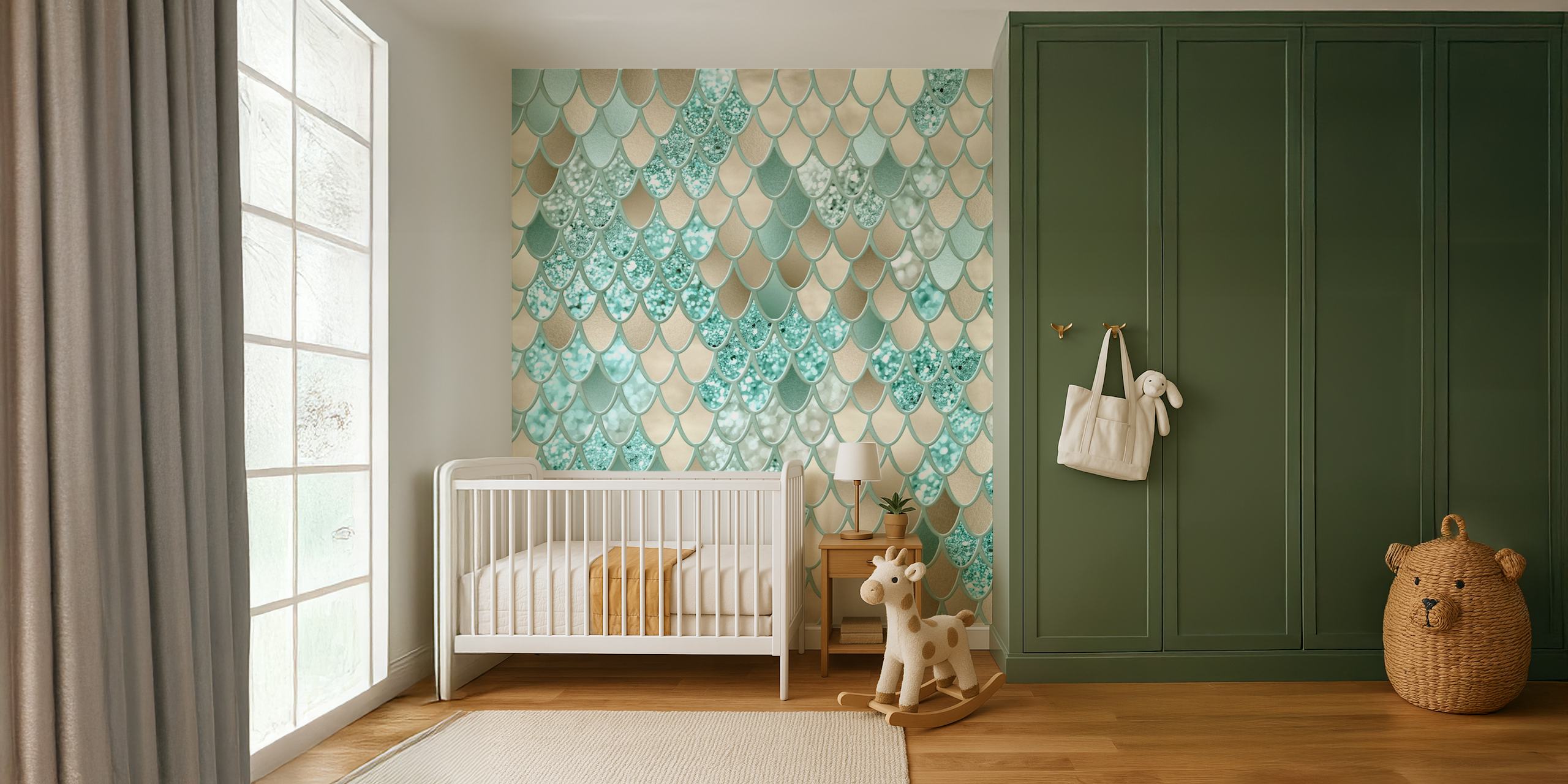 Gold Mint Mermaid Scales carta da parati in una stanza