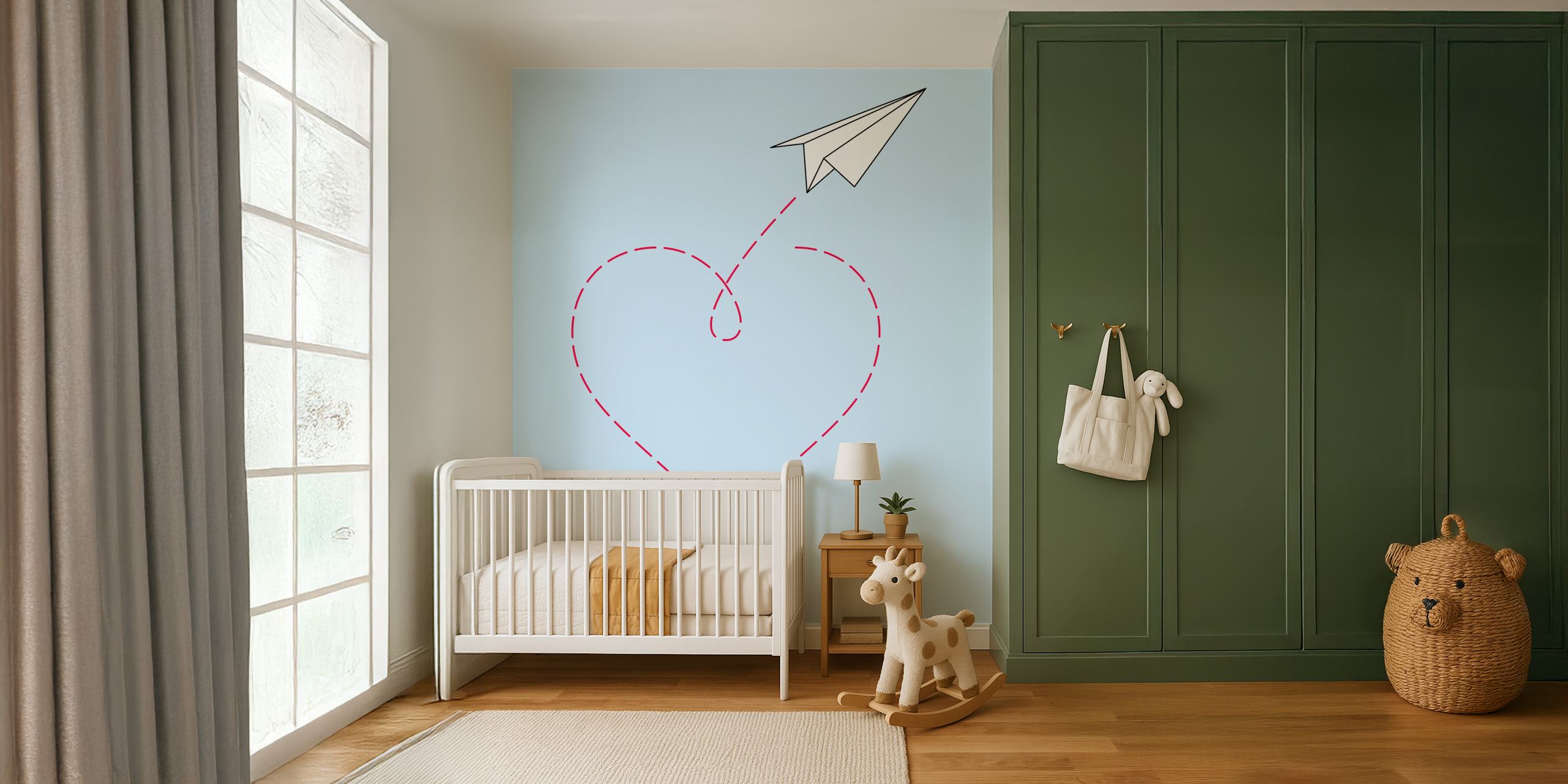 White paper airplane flying above a dashed heart outline on light blue wallpaper