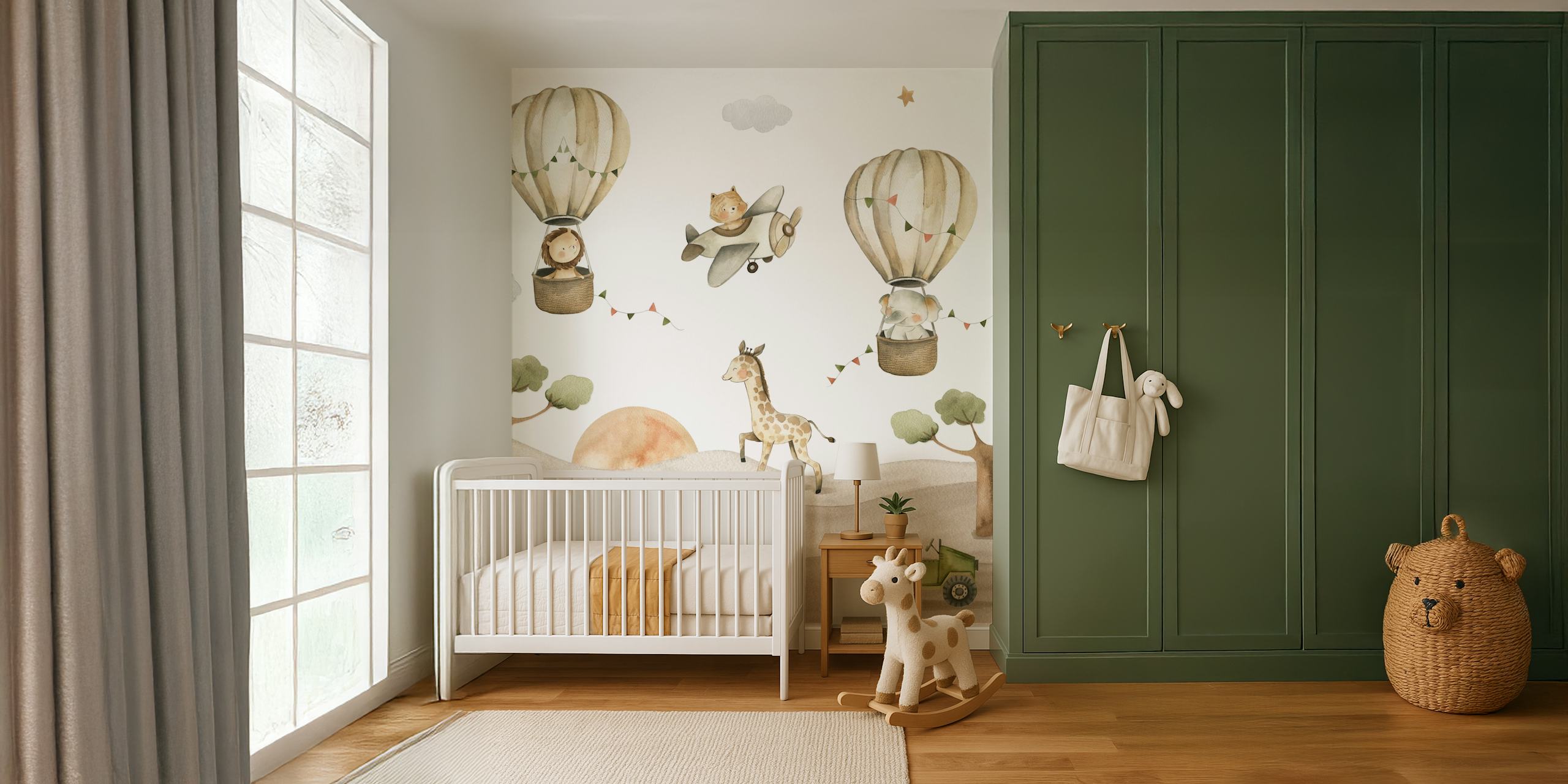 Safari party wallpaper with hot air balloons and animals in soft colors.