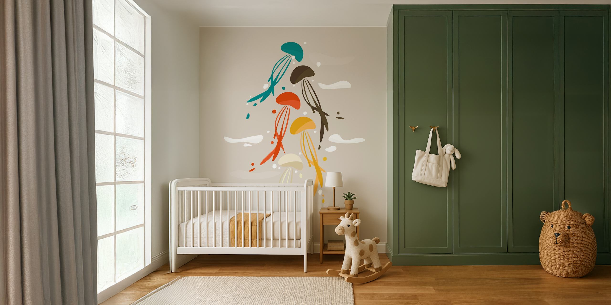 Colorful jellyfish in various shades floating against a beige background wallpaper