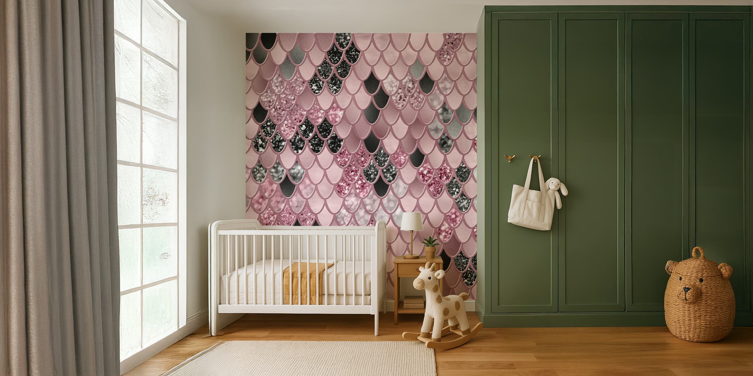 Blush pink and black mermaid scales wallpaper