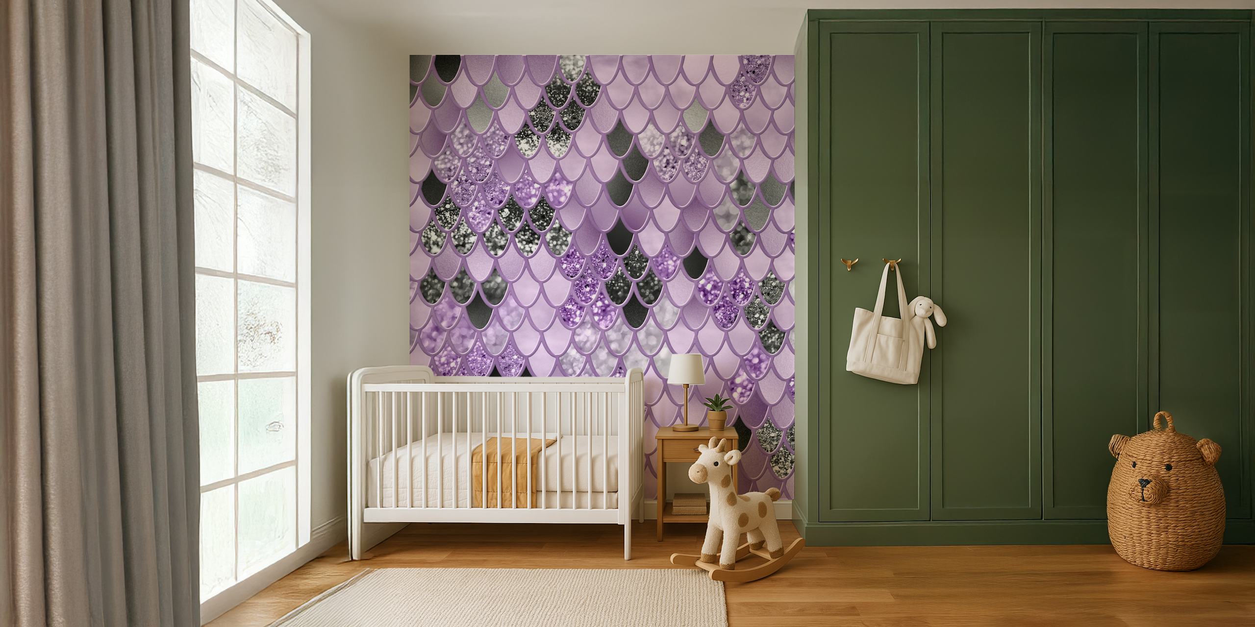 Lavender Black Mermaid Scales wallpaper in a room