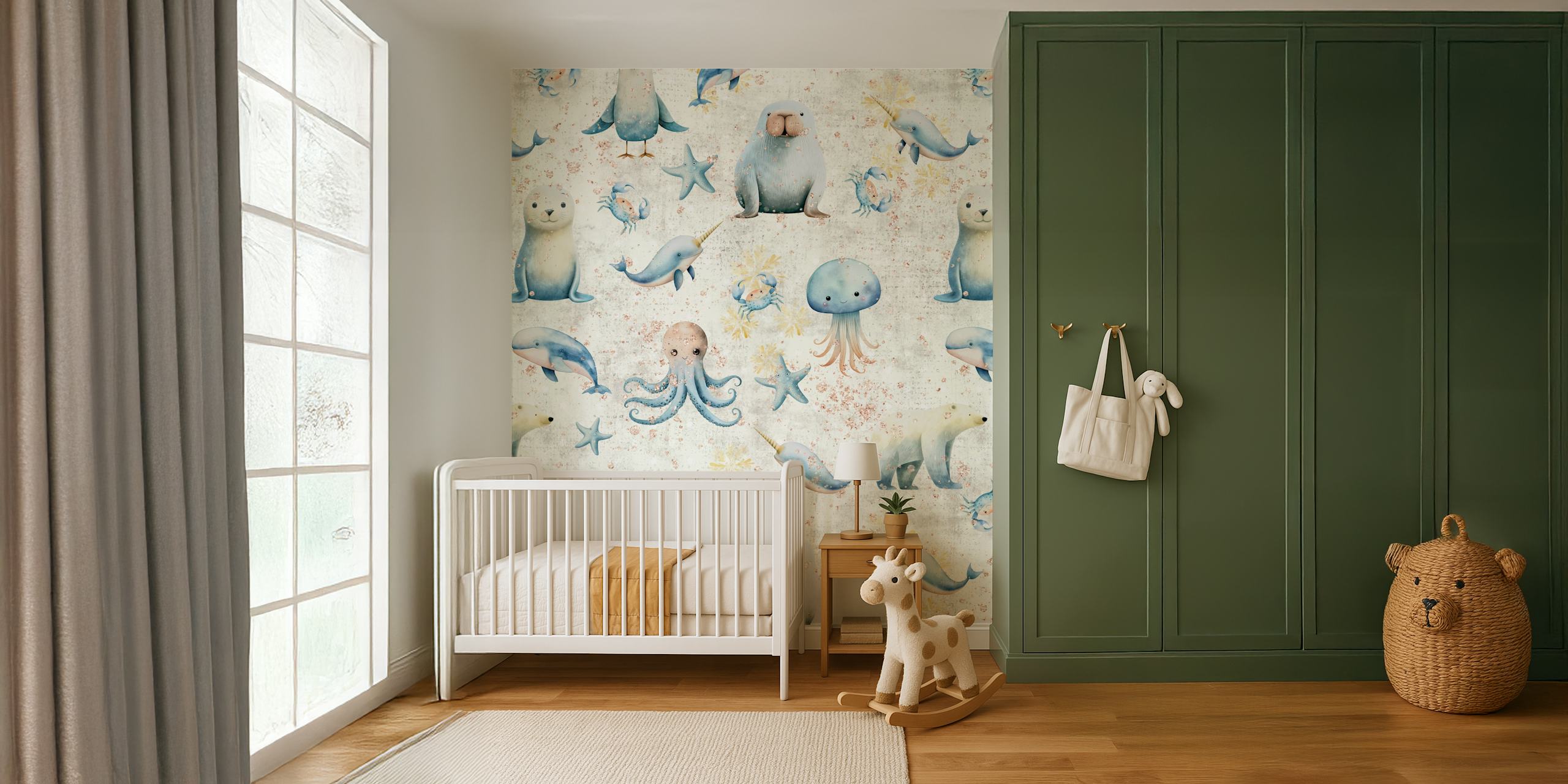 Arctic animals including seals, whales, and jellyfish in soft pastel colors wallpaper