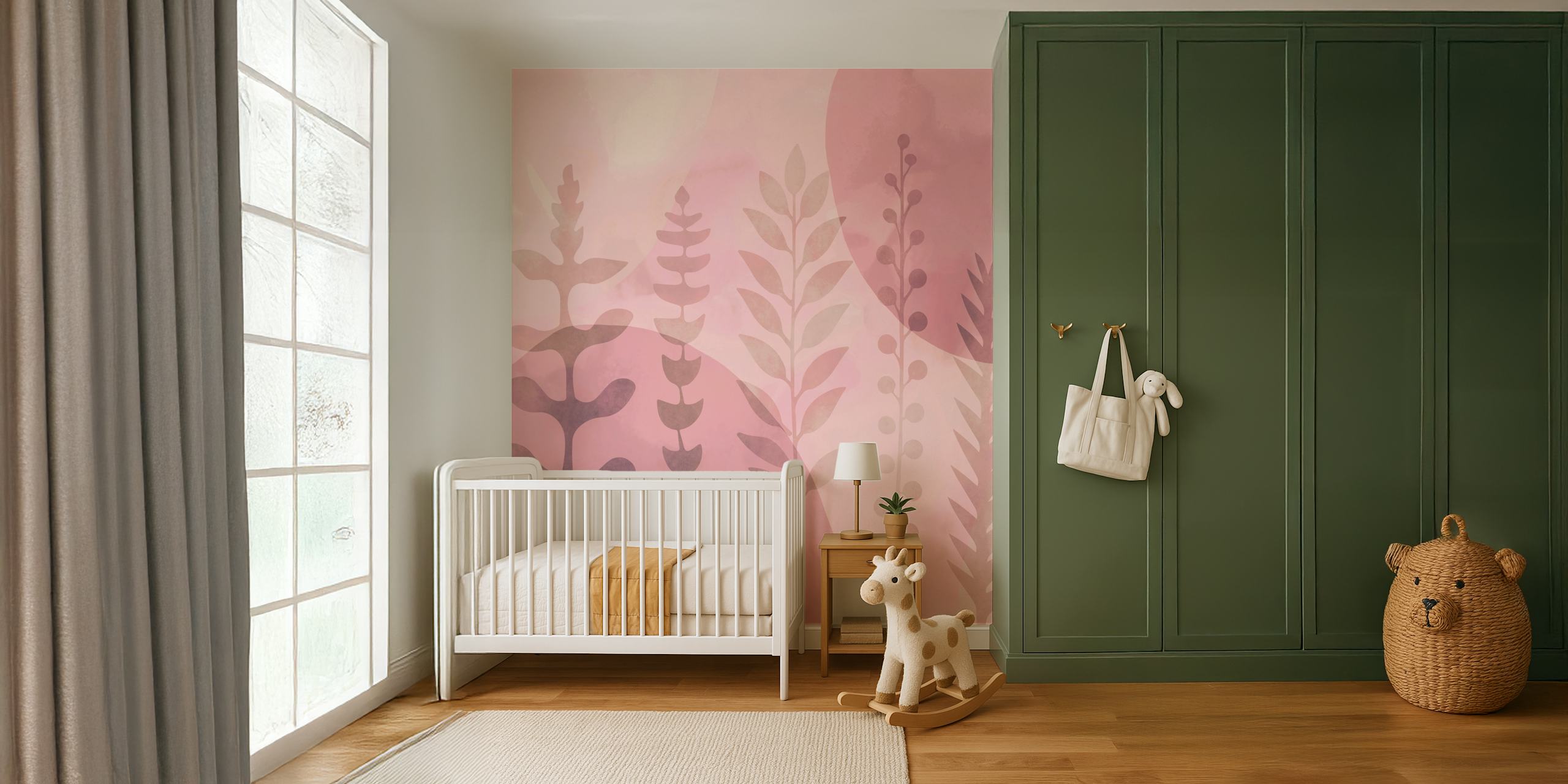 Abstrakcyjna fototapeta z motywami botanicznymi w pastelowych odcieniach różu