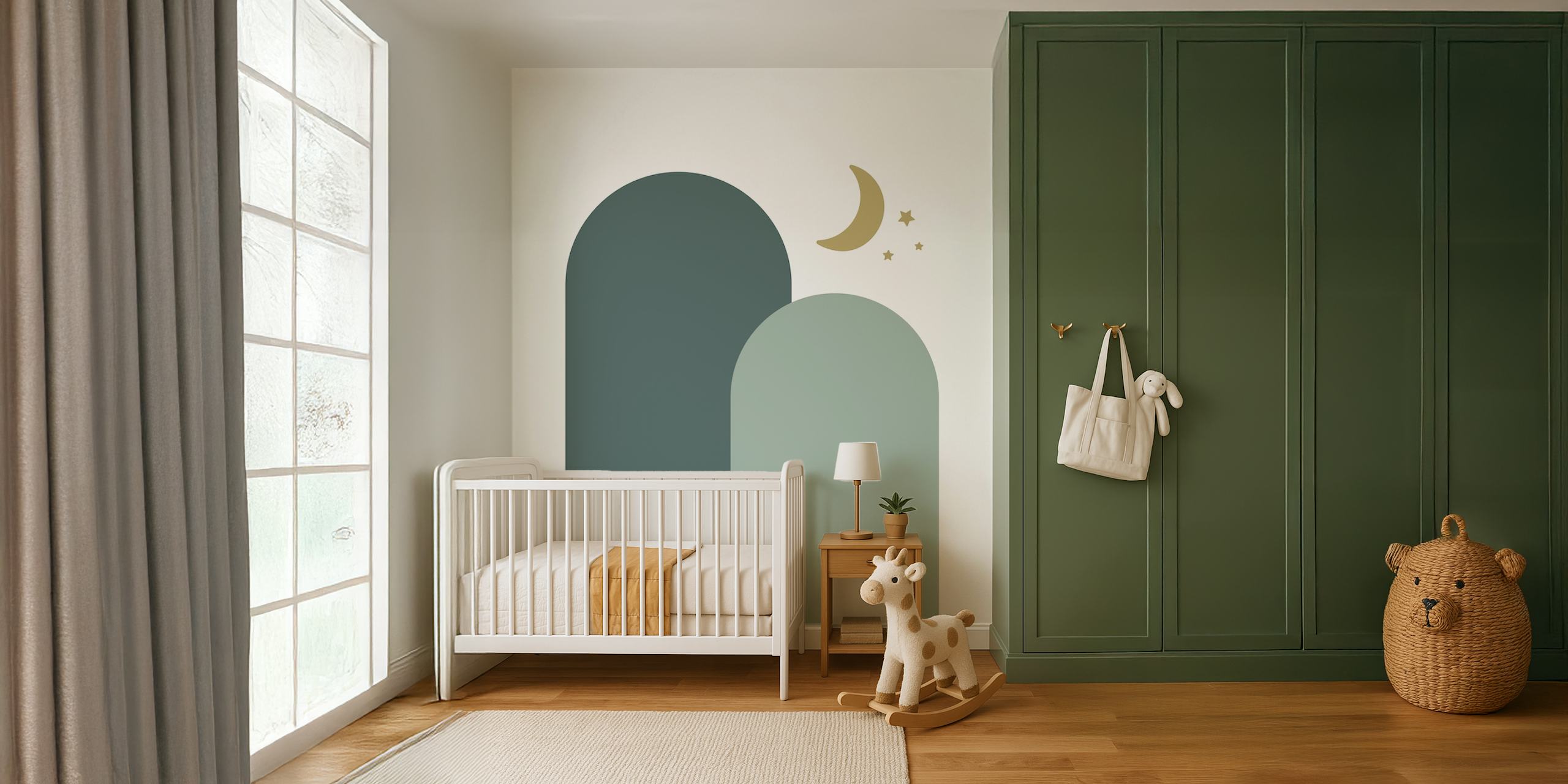 Teal Nursery Modern Boho Arch tapet i et rom