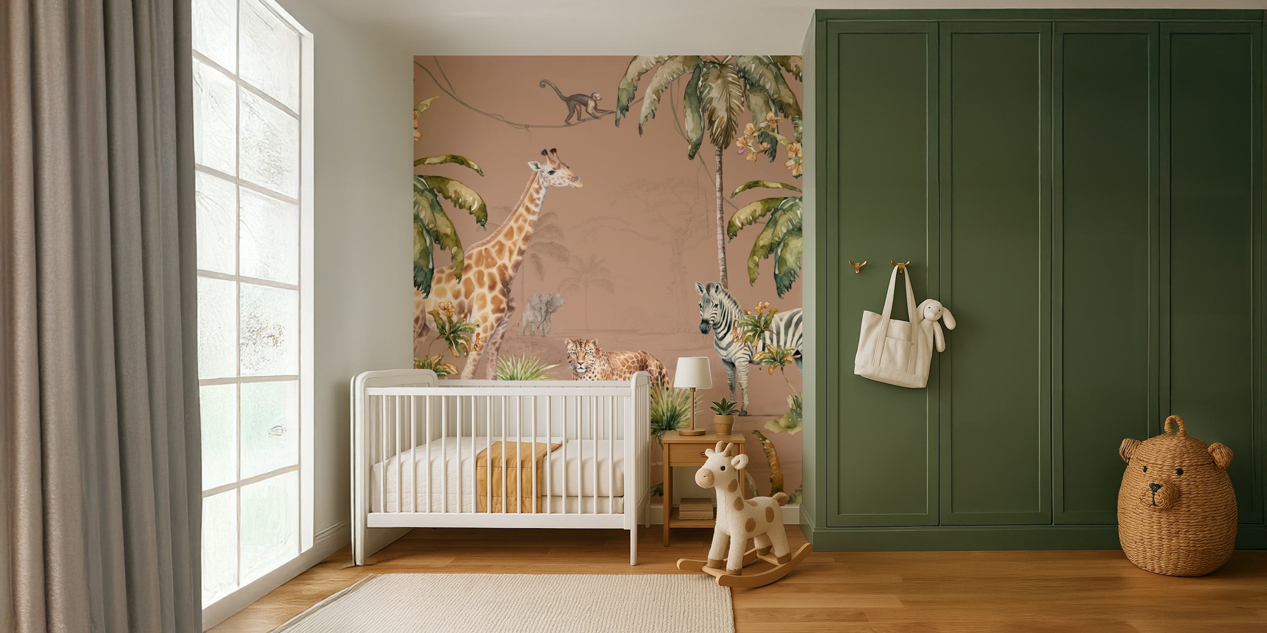 Papier peint mural Animaux de safari tropicaux sur fond terre cuite