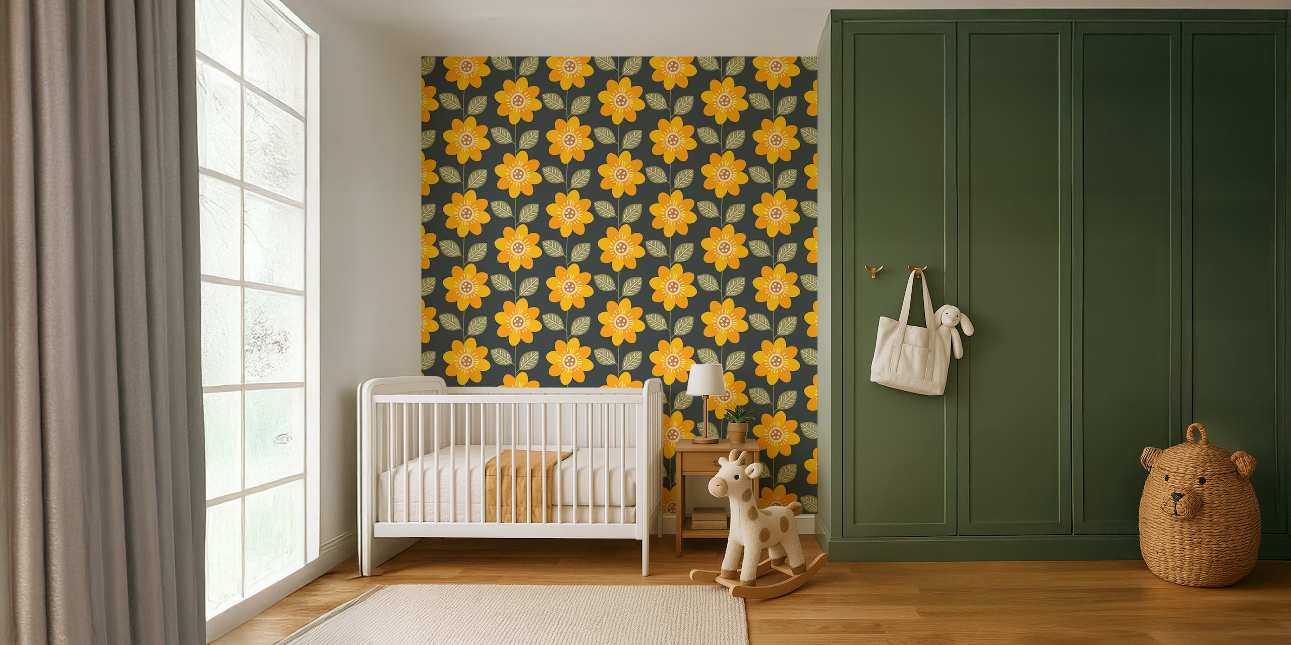 Sunflower pattern wallpaper in a room