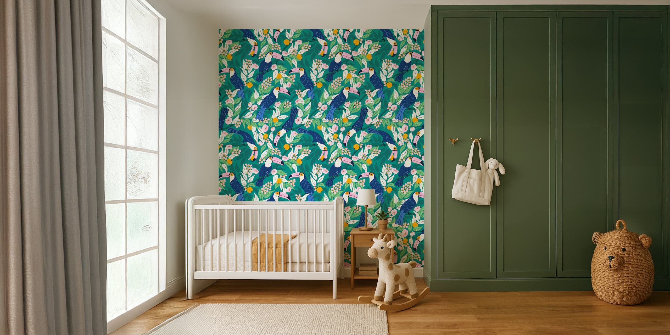 Whimsical toucan forest wallpaper in a room