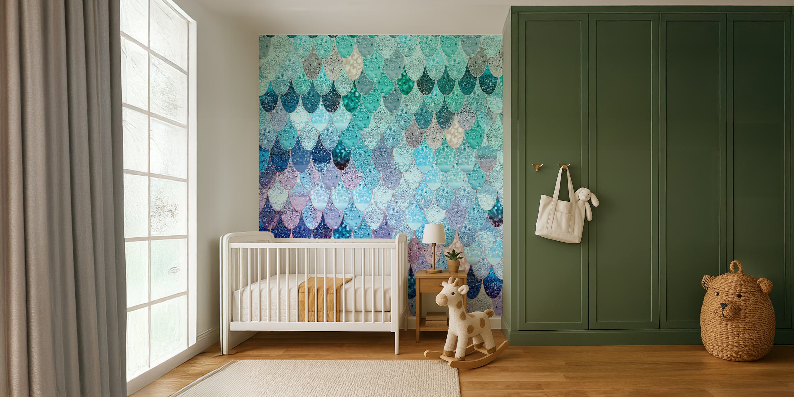 Summer mermaid scales wallpaper in a room