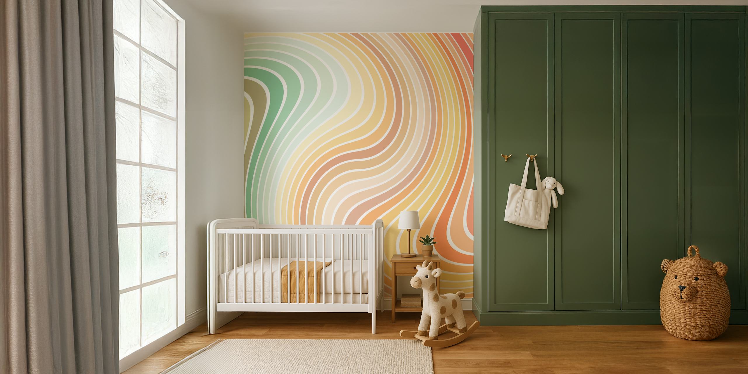 Colorful abstract waves in pastel tones of pink, green, and orange wallpaper