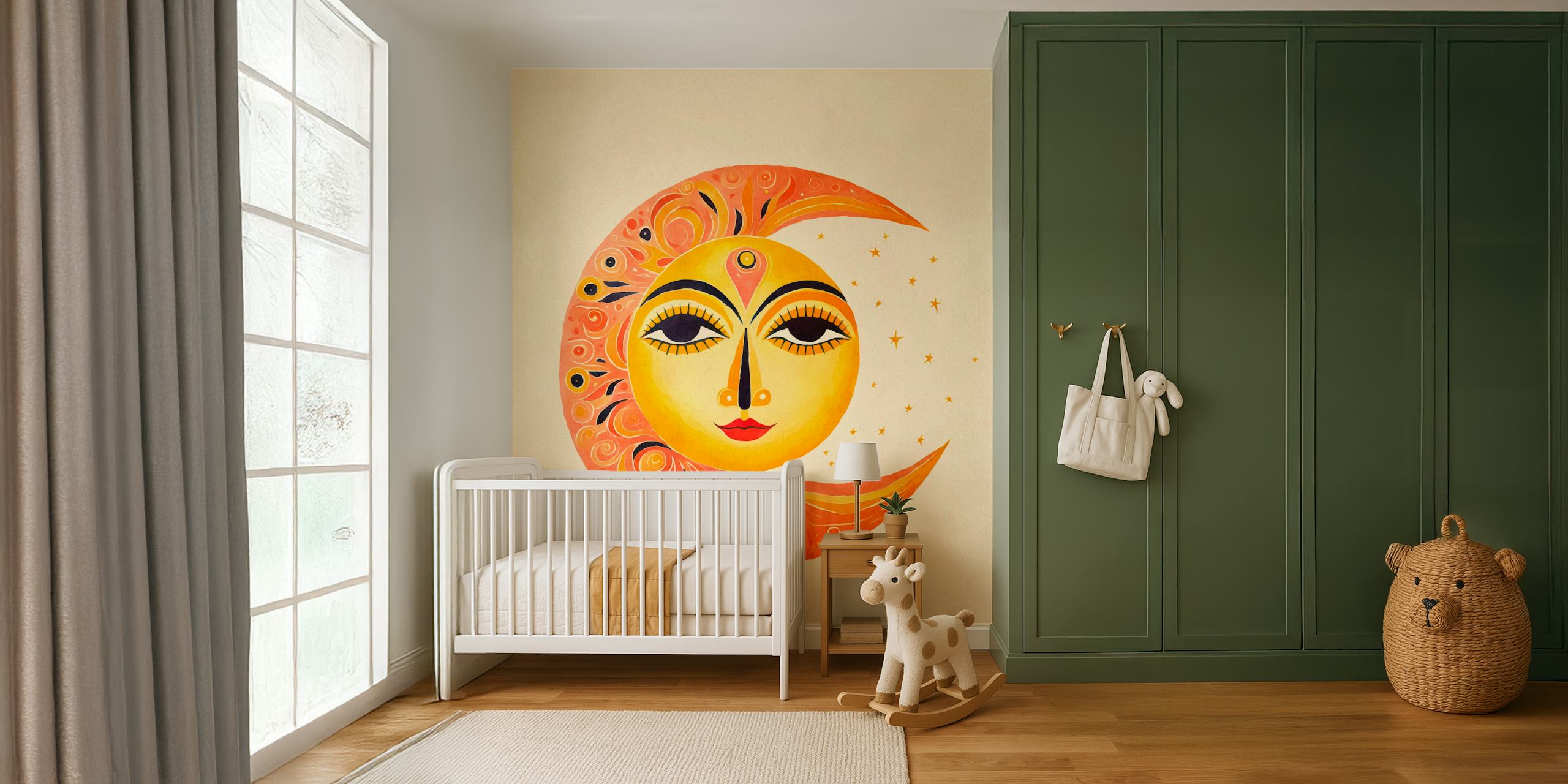 Whimsical sun and moon face design in orange and yellow colors wallpaper