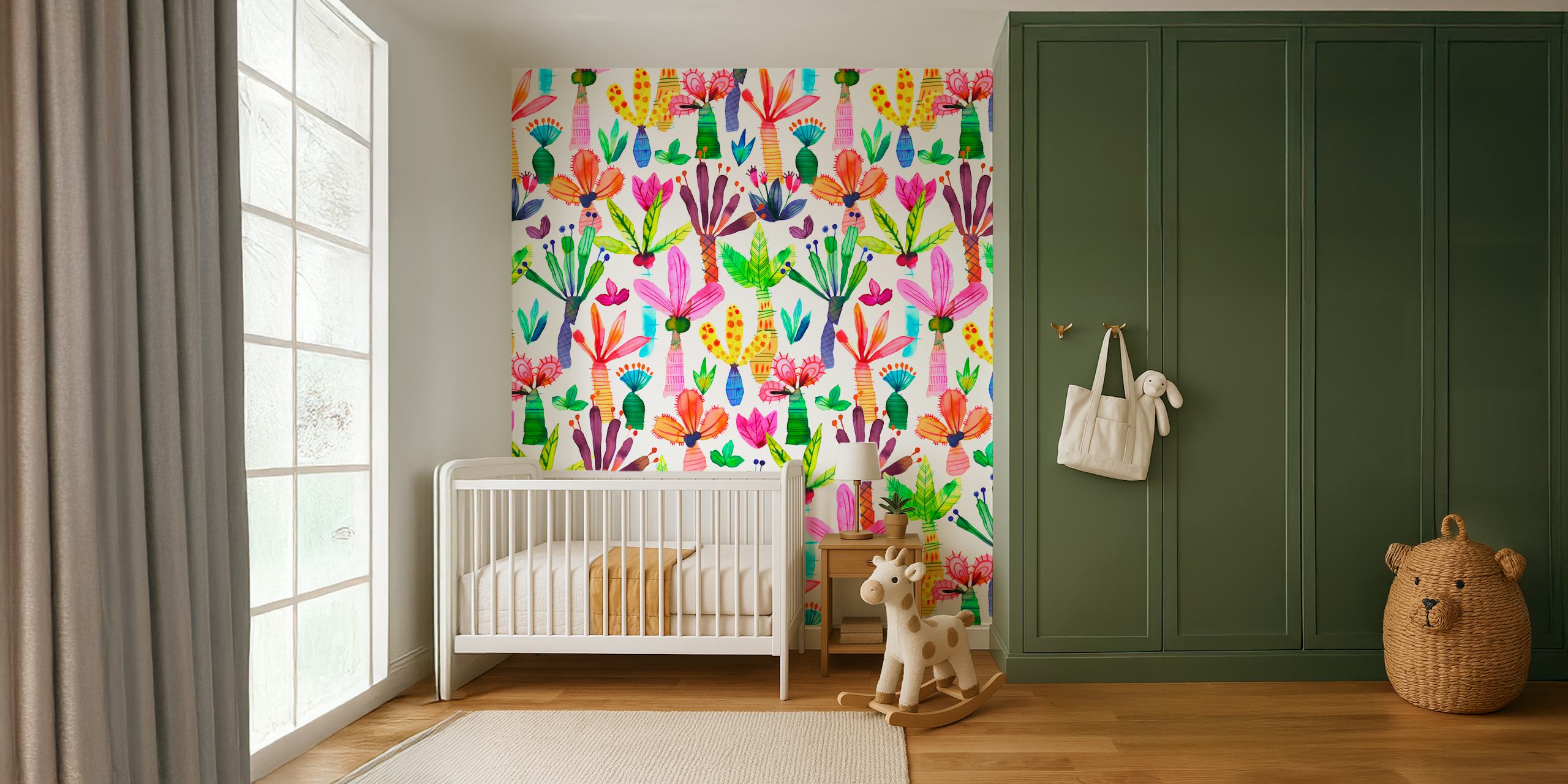 Colorful tropical floral patterns with vivid greens and pinks wallpaper