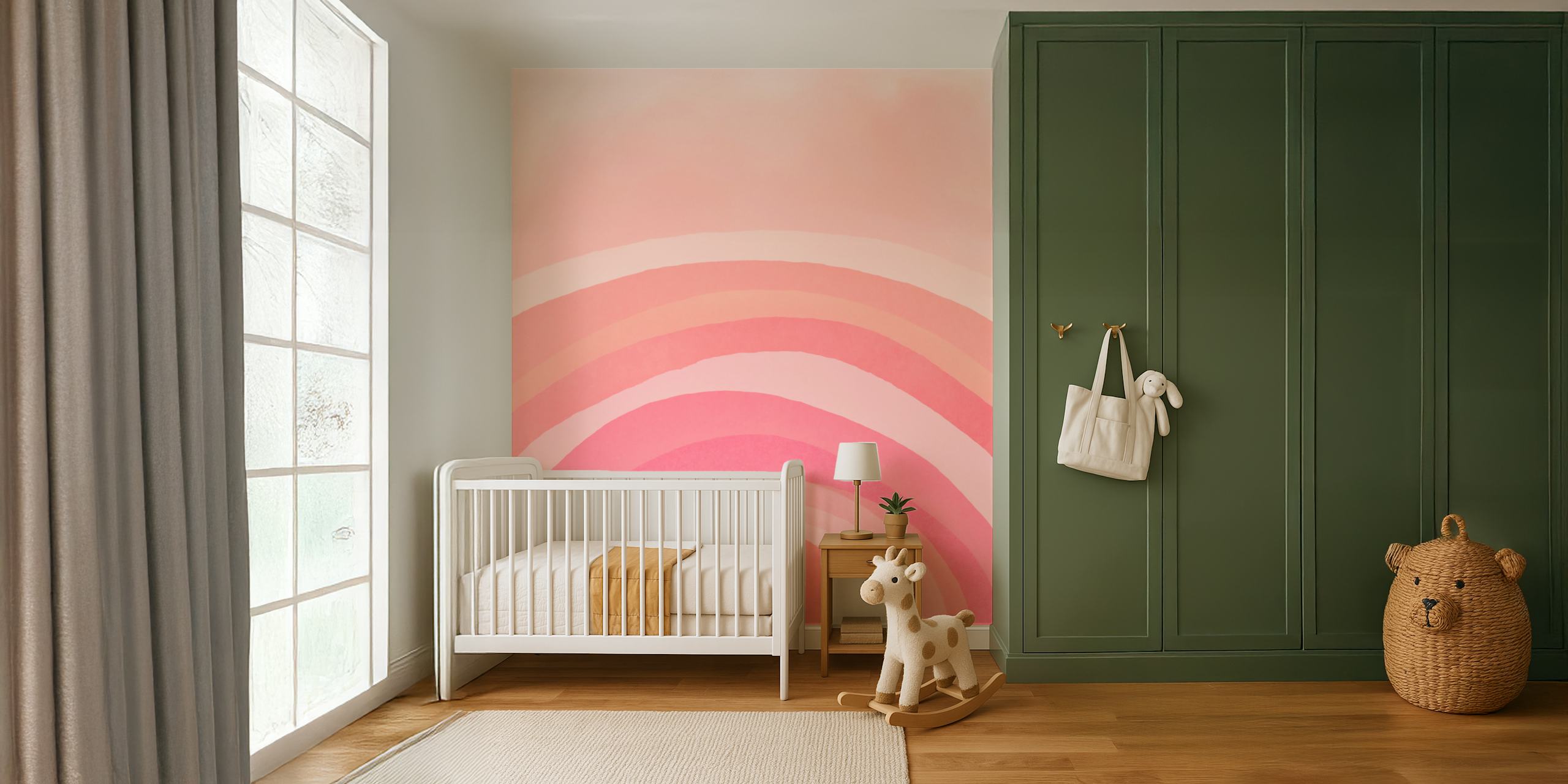Whimsy boho pastel pink rainbow wallpaper in room