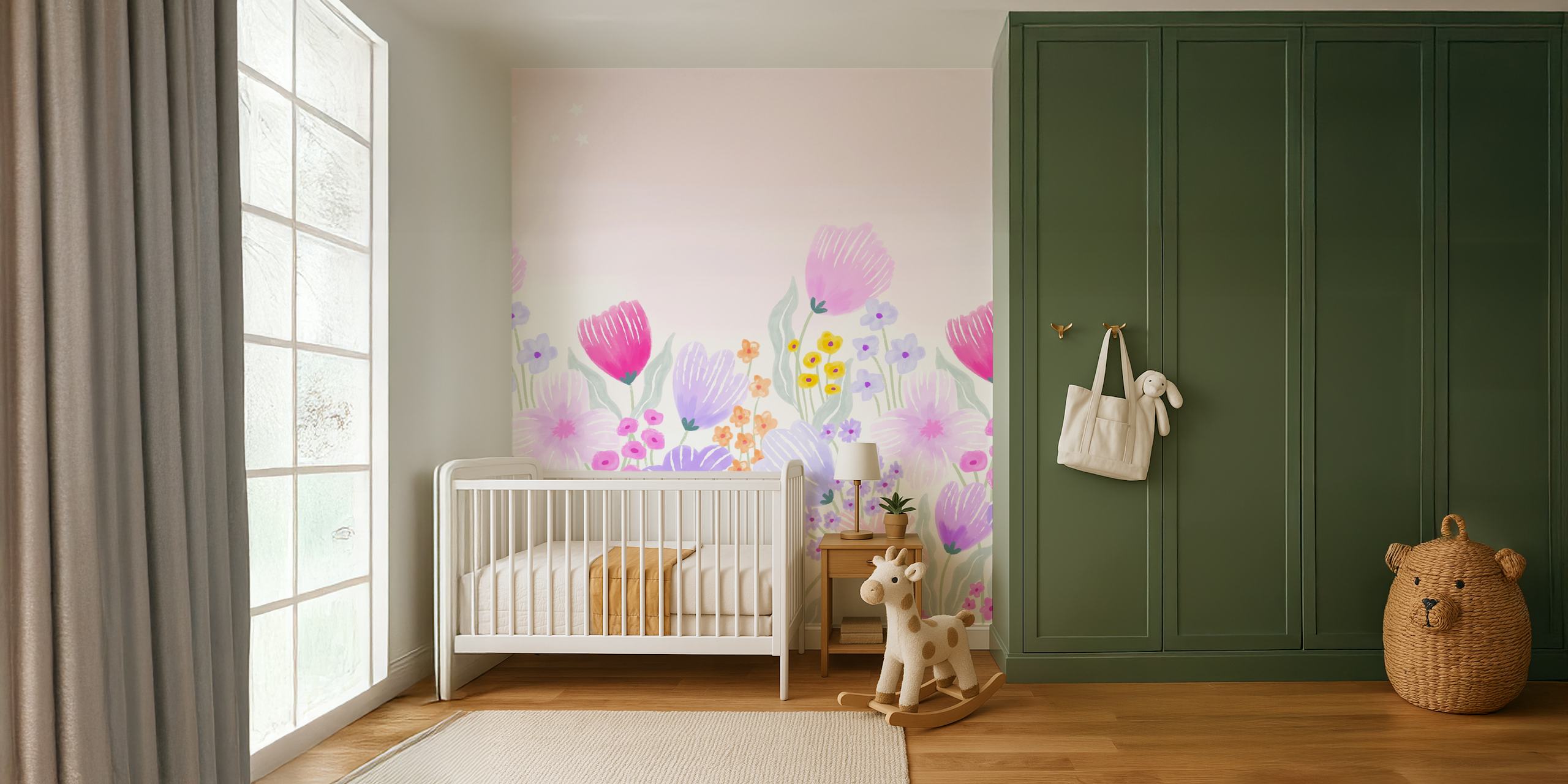Färgglad vårträdgård tapet med tulpaner och vilda blommor