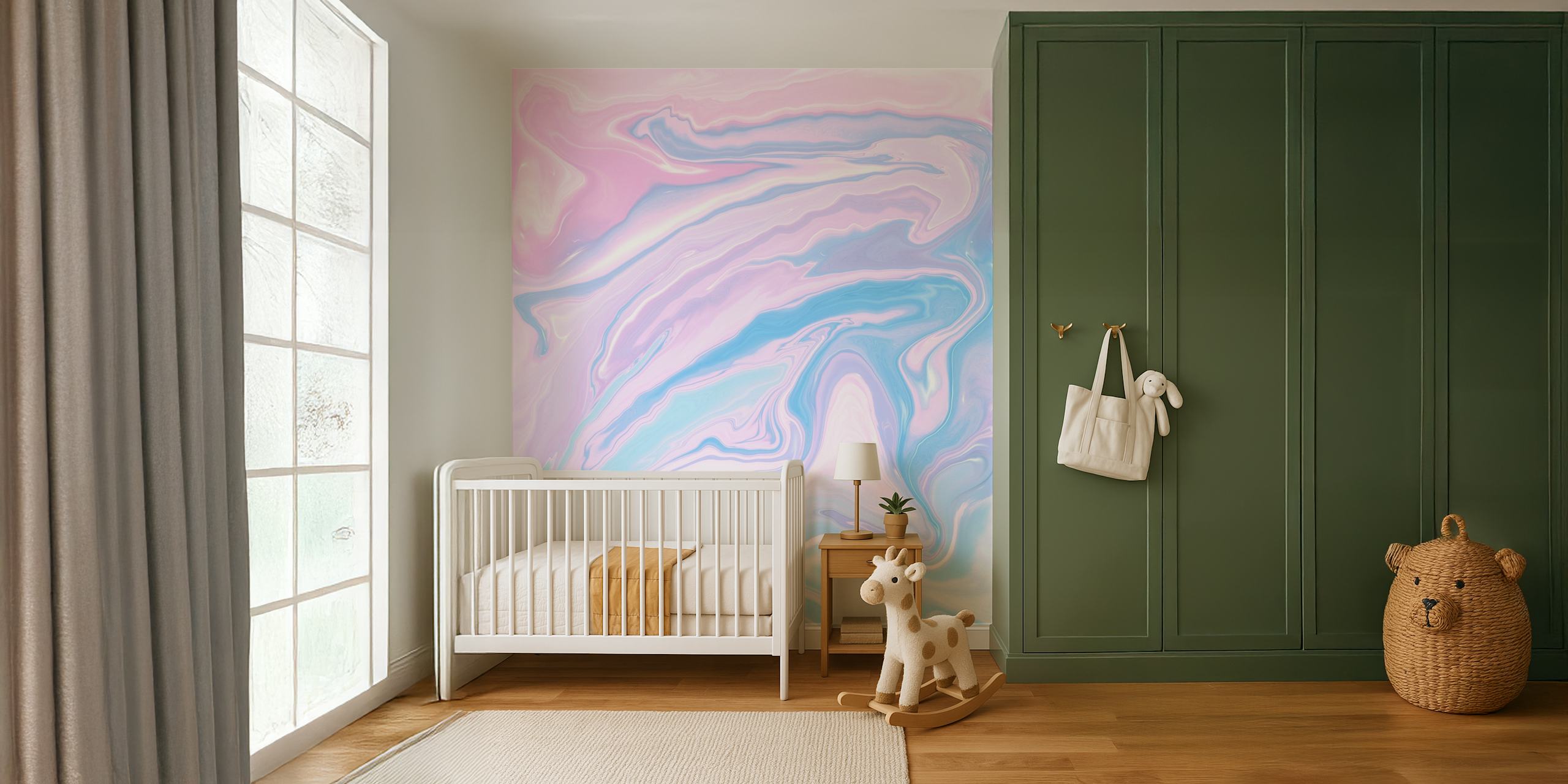 Swirling pastel colors in pink, blue, and lavender marble wallpaper