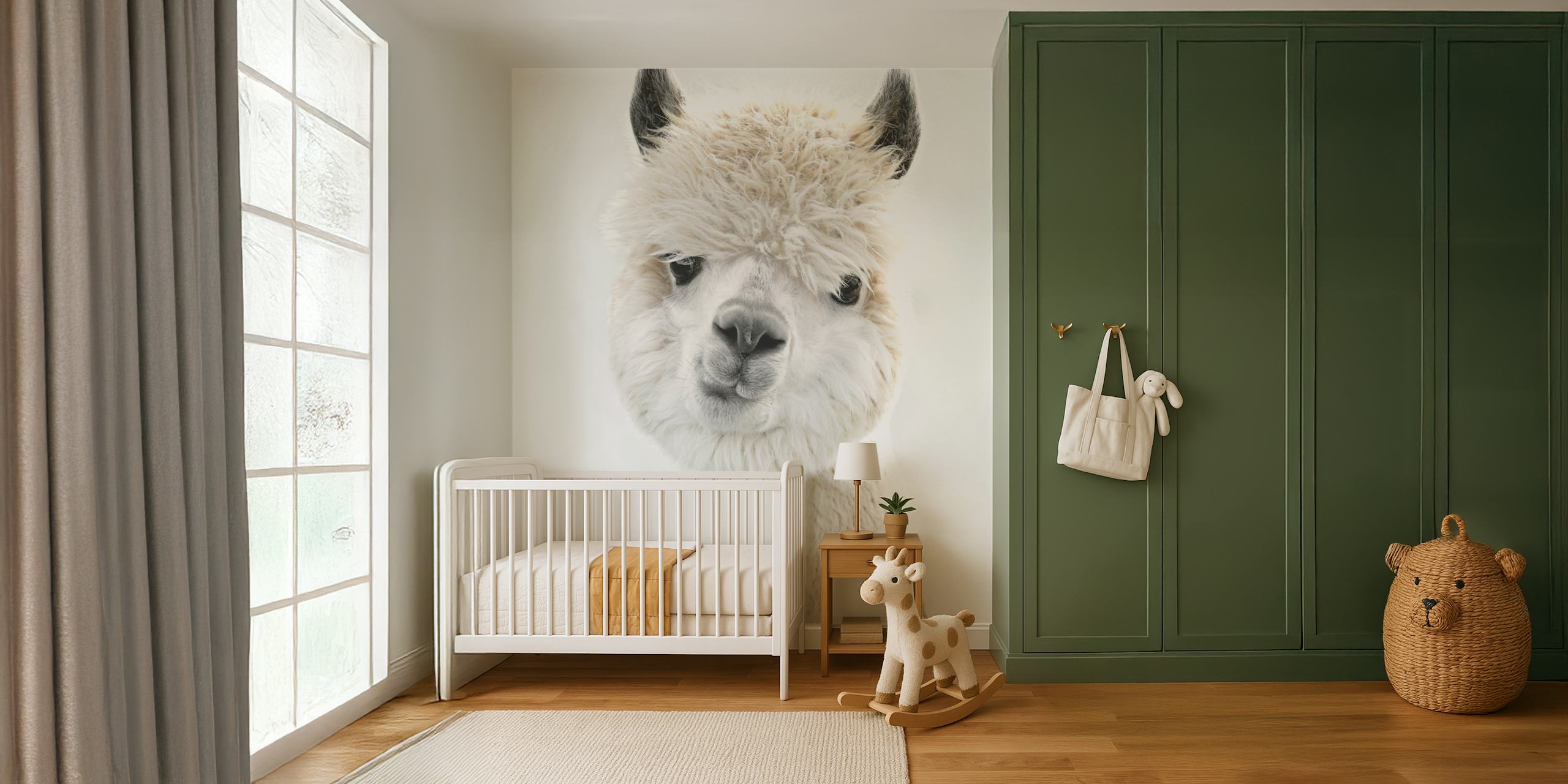 Close-up of a fluffy white alpaca on soft background wallpaper