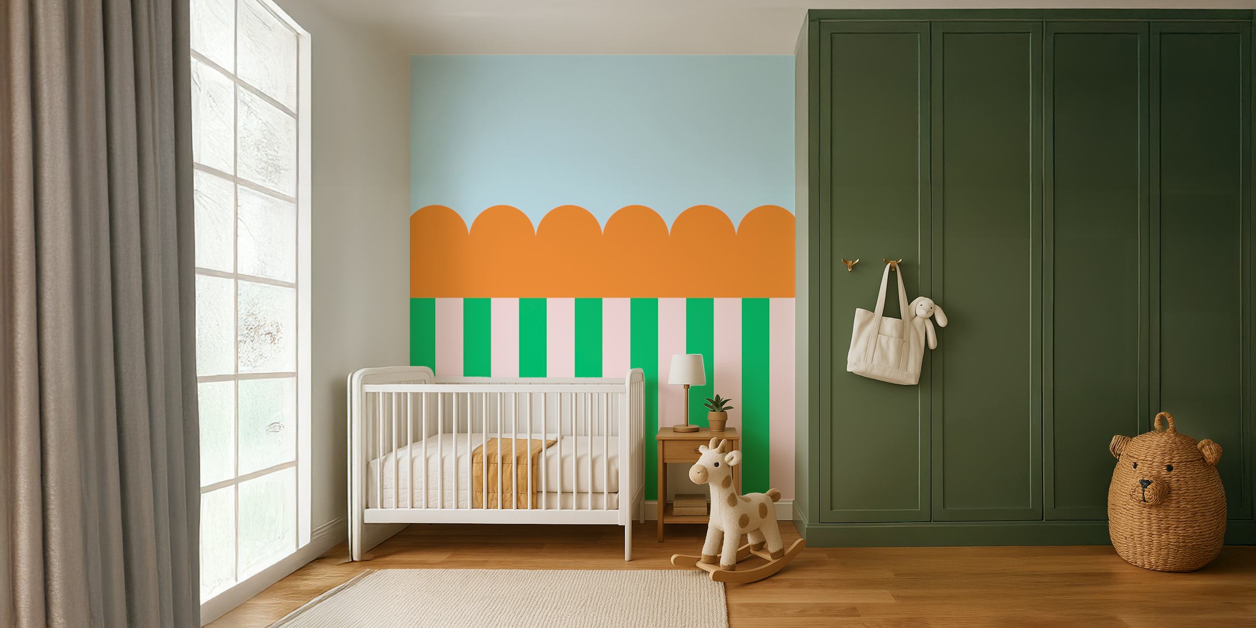 Colorful circus-themed wallpaper with stripes in orange, green, pink, and blue