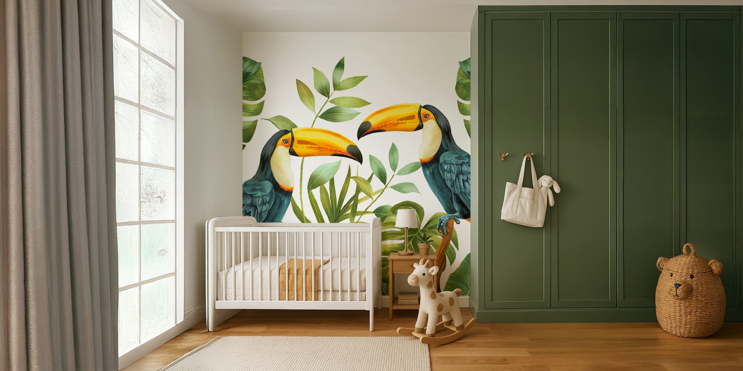 Tropical toucans among lush green leaves wallpaper